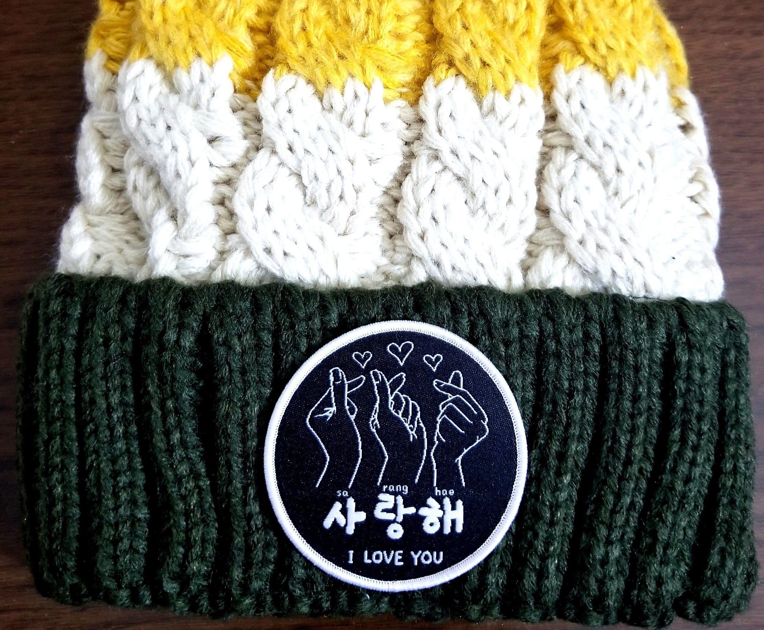 Kpop BTS Finger HEART BEANIE Cable Knit  Hat Pompom hat lined with fleece  Winter Chunky Hat Gift for wife Knit Beanies Double Layer