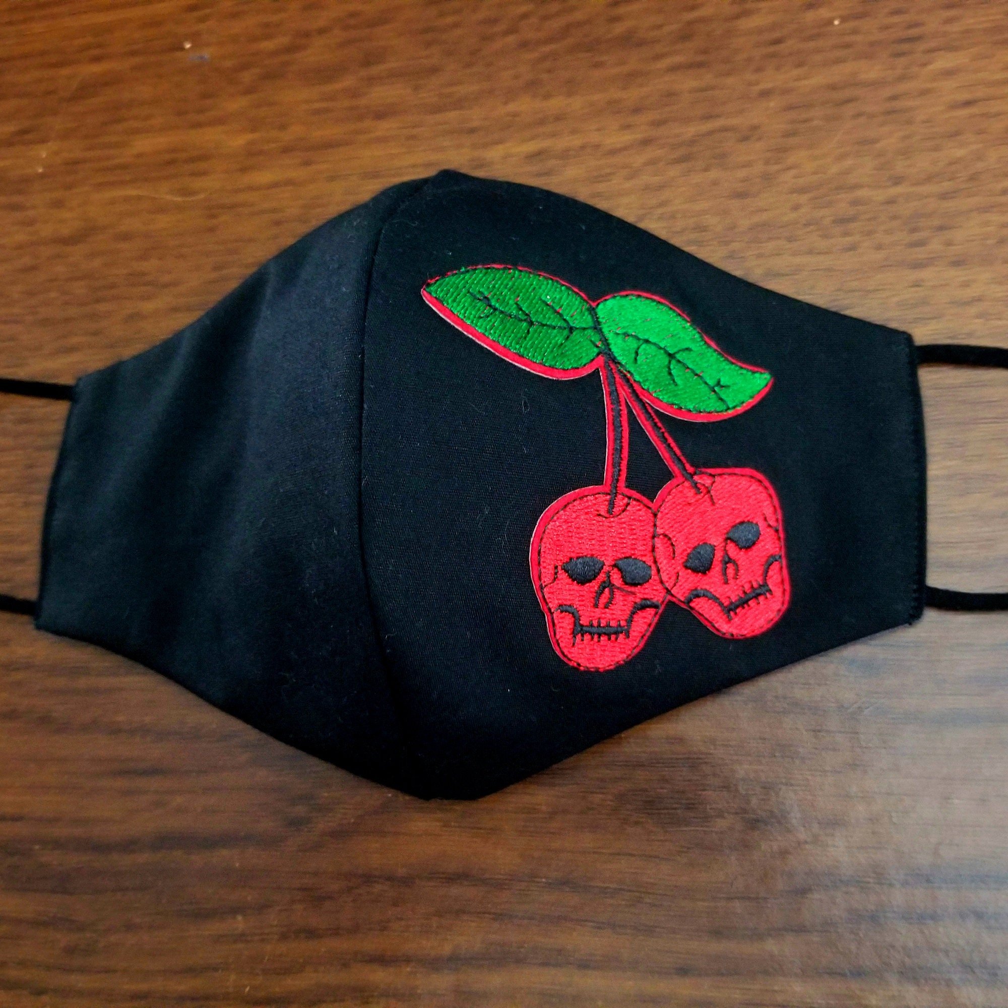 Skull CHERRY PUNK - Face MASK with Embroidered Iron On  Nature Patch, Reversible 3-Layer, Cotton Handmade Face Mask – Ready to Ship!!!