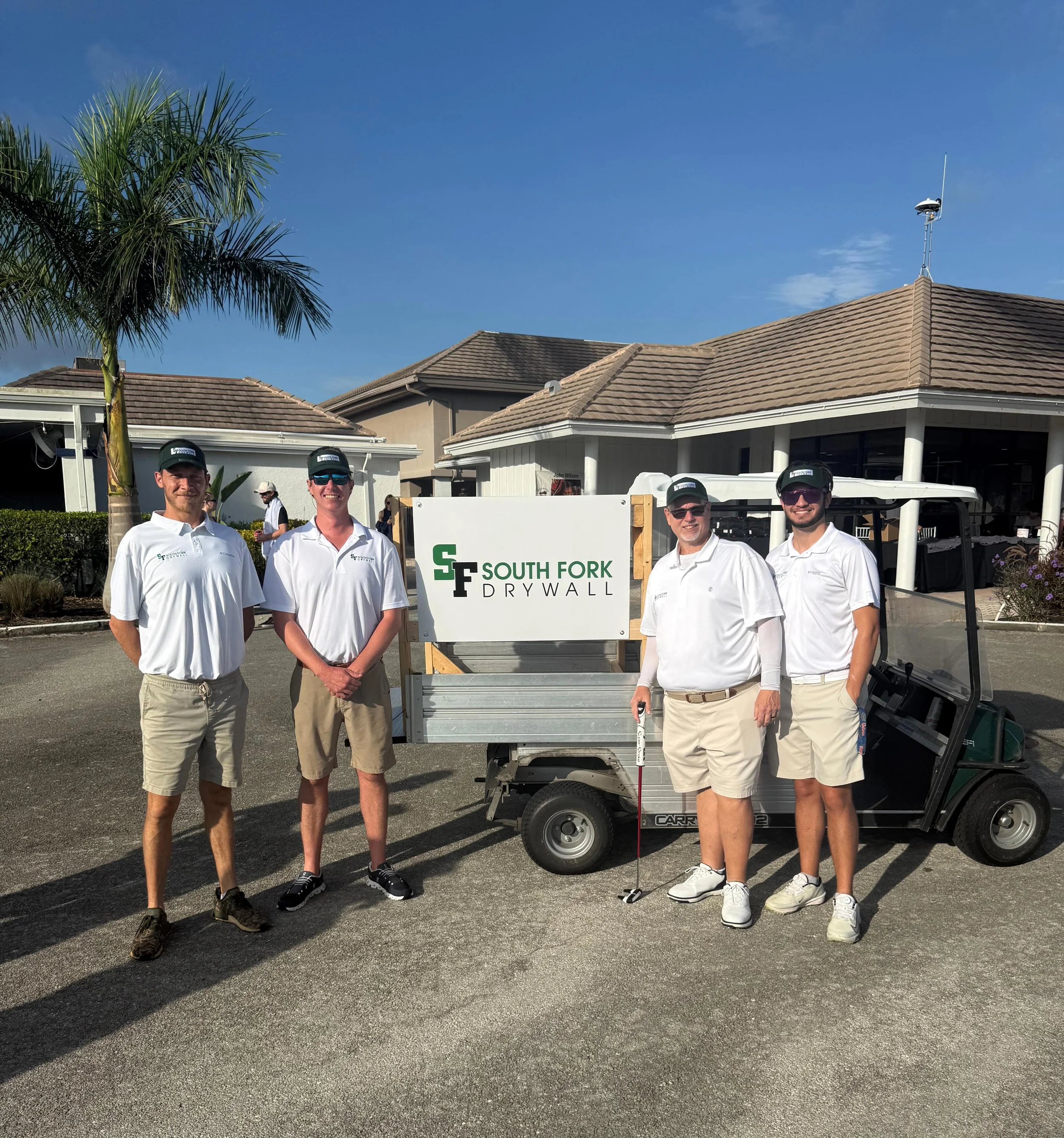 Here is the South Fork Drywall, Inc. foursome-Andrew Finn, Will Cappeller, Chris Bassler, and Wyatt Bassler-taking a well-deserved break at their sponsored golf cart during this meaningful event hosted by the Boca Raton Firefighter &amp; Paramedic Be