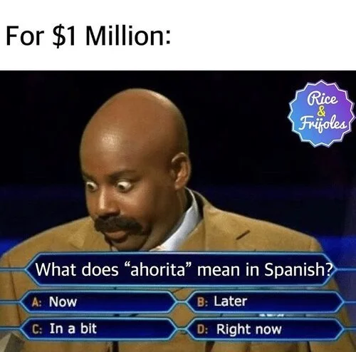 A screenshot from Who wants to be a Millionaire? TV show. The question reads "What does ahorita mean in Spanish? A. Now / B. Later / C. In a bit / D. Right now". The contestant looks at the question with wide eyes in confused panic