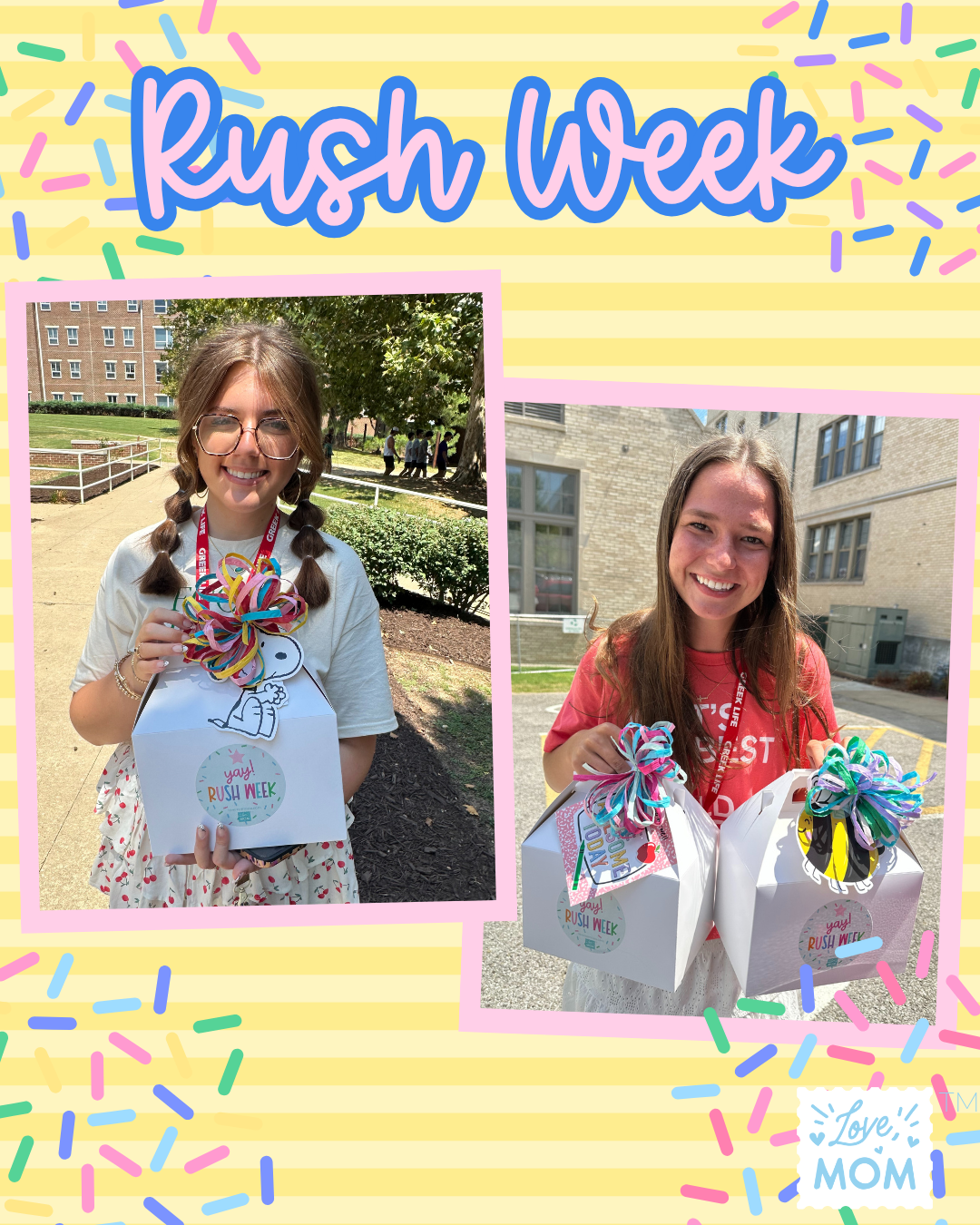 Two young ladies receiving their Rush Week gifts in gable boxes with colorful bows.