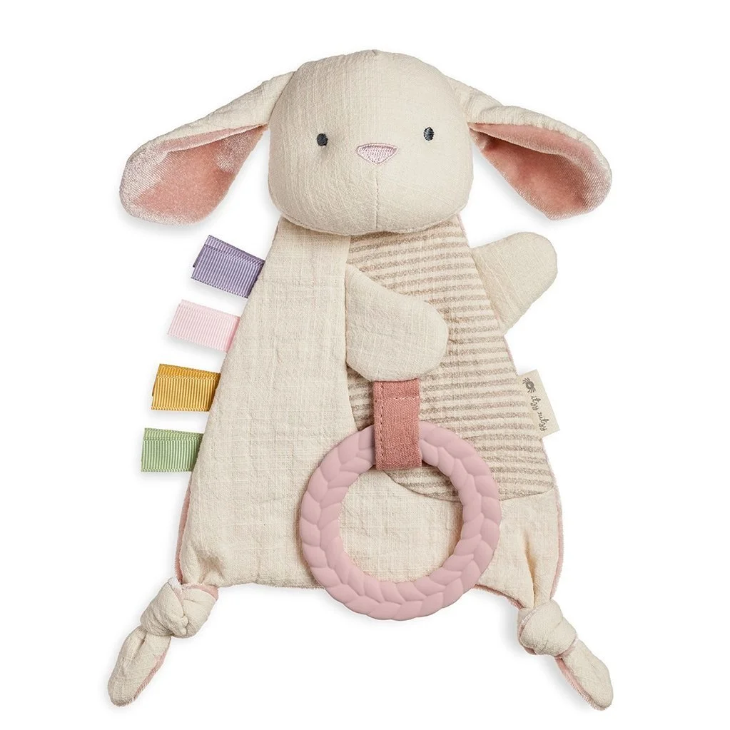 Bitsy Crinkle Bunny Lovey with four satin ribbons, knots to hold, and a teether attached.  Lots of things to do with this cutie!