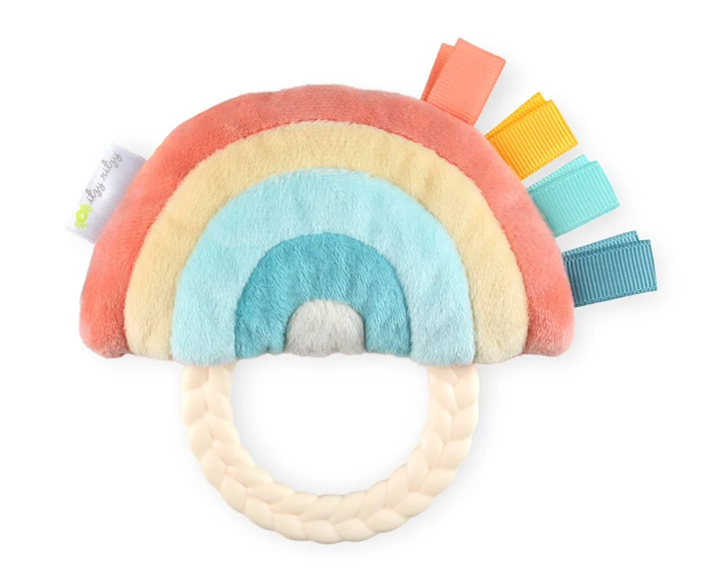 Ritzy Rattle Pal with Teether: rainbow with coral, pale yellow, aqua, and turquoise.