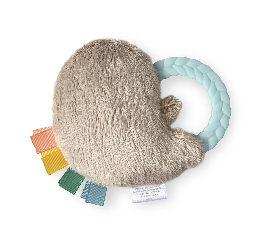Back view of Ritzy Rattle Pal with Teether: sloth with coral, pale yellow, aqua, and turquoise ribbons.