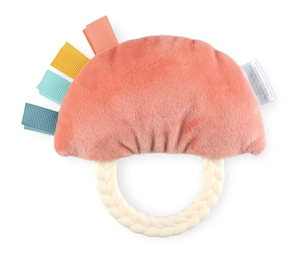 Back view of Ritzy Rattle Pal with Teether: coral in color.