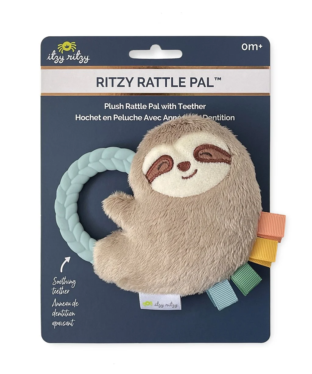 Ritzy Rattle Pal with Teether: sloth with coral, pale yellow, aqua, and turquoise ribbons.