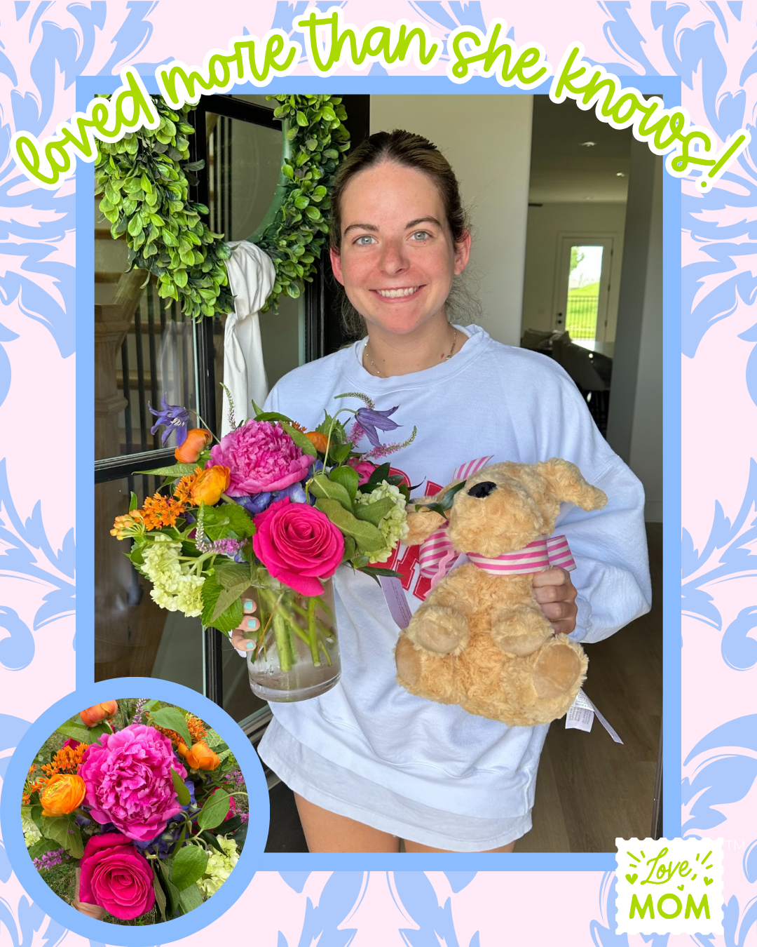 Young lady at her front door smiling with fresh floral arrangement, and a golden dog Warmie with a pink and white striped bow.
