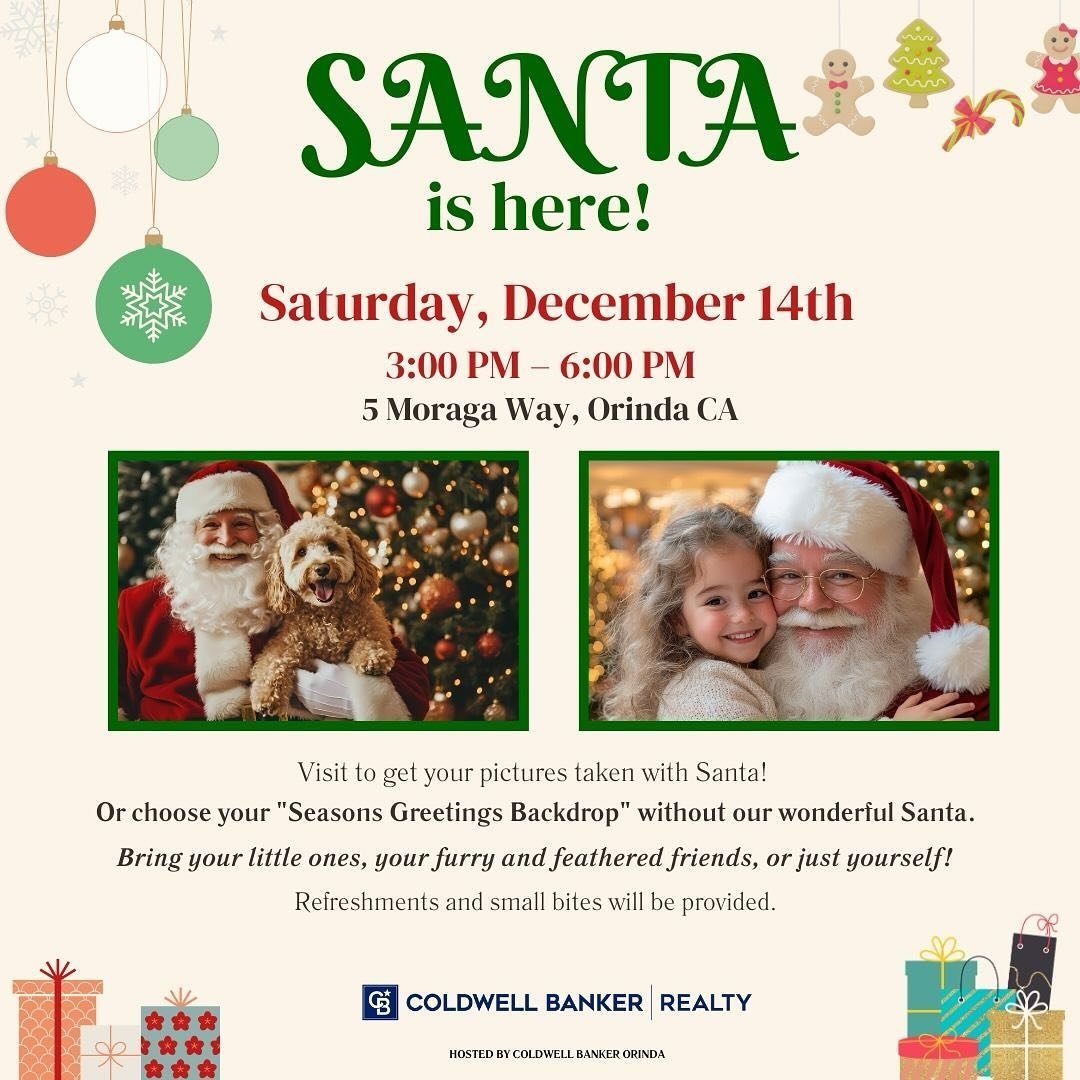PHOTOS WITH SANTA! Please come and ring in the holidays at the Coldwell Banker office from 3-6pm on Saturday Dec. 14th for a free photo with Santa.  Bring the family, friends, and pets for an afternoon of fun with refreshments and children&rsquo;s&rs