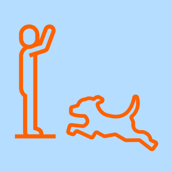 Orange line icon of a dog running towards a person who is standing holding their arm up.