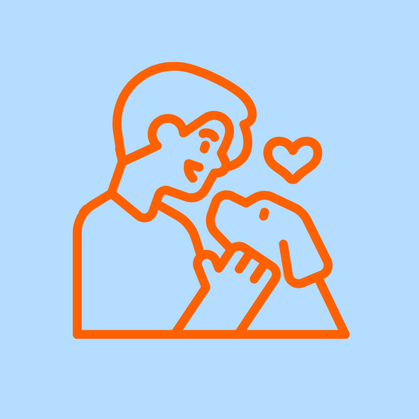 Orange line icon of a dog and and person looking at each other with a heart above the dog's head.