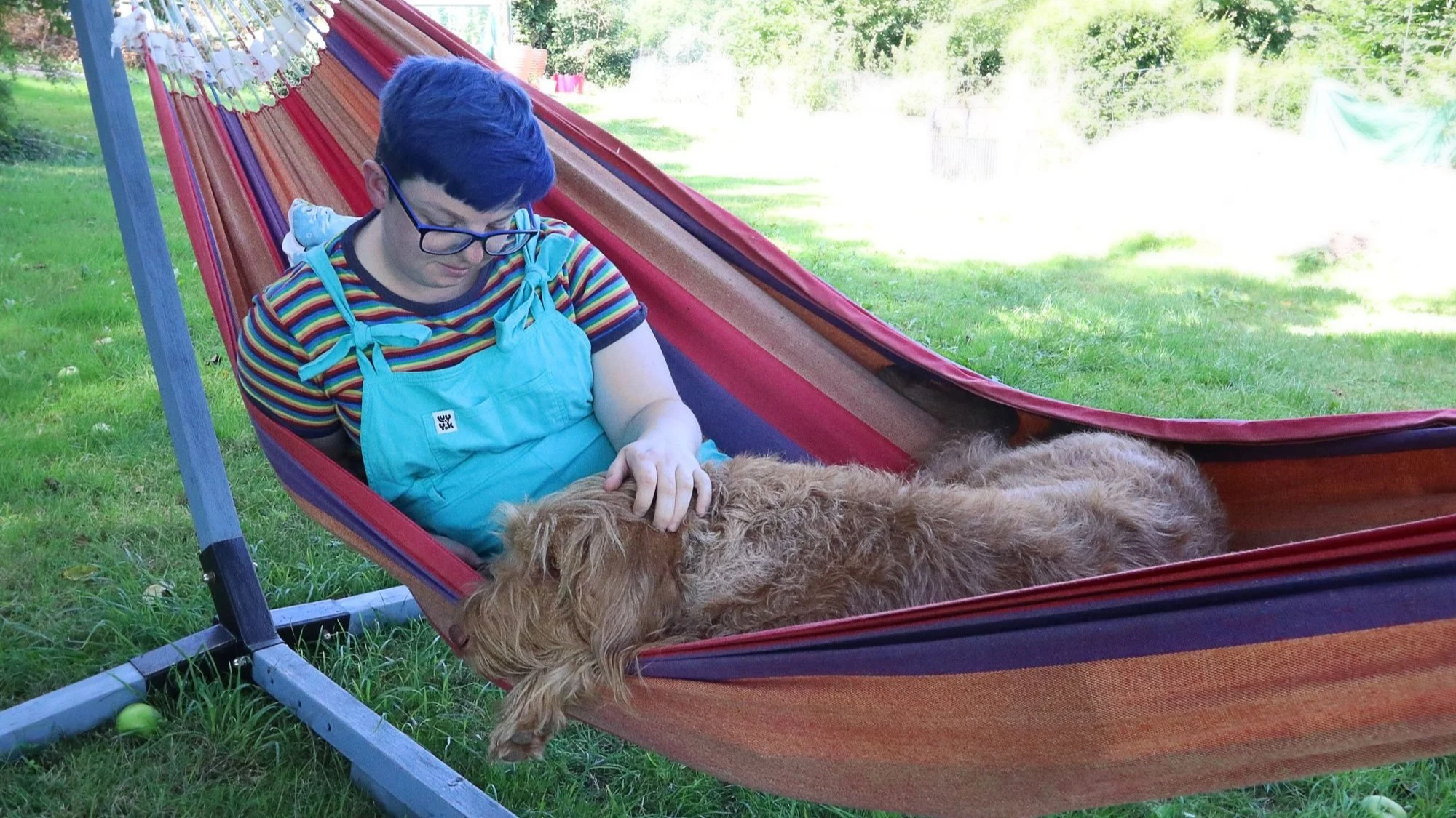 Me and my dog Hattie (a wirehaired vizsla) lying together in a hammock looking relaxed.