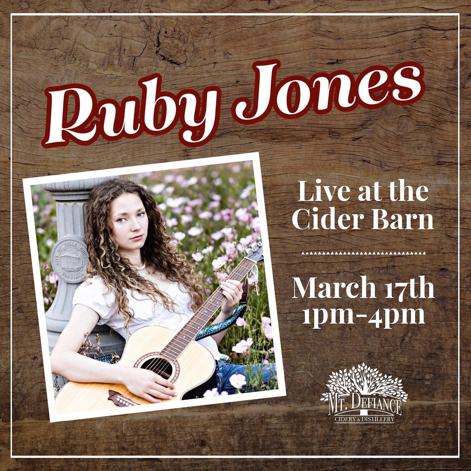 We are excited to have @thisisrubyjones at the Cider Barn Sunday 3/17! 

Join us for live music Sunday from 1pm-4pm, cider on tap &amp; good times for St. Patrick&rsquo;s Day. ☘️

#loudoncounty #middeburgva