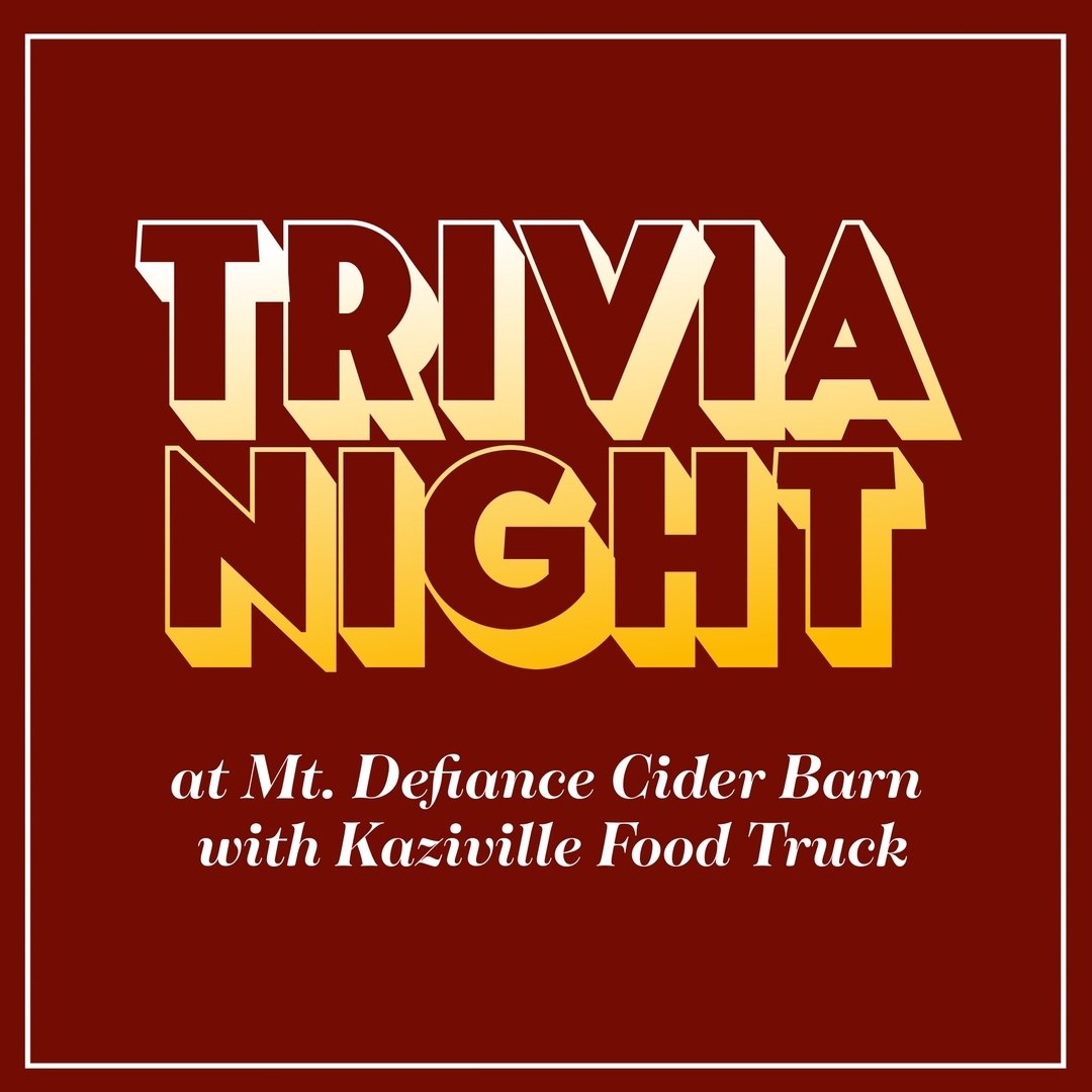 It's TRIVIA NIGHT at the Cider Barn! 

Questions kick off at 6pm so arrive early and grab yourself and your team a table and a bite to eat from @kaziville food truck. 

See you there!

#trivia #thingstodoinmiddleburg #middleburgva