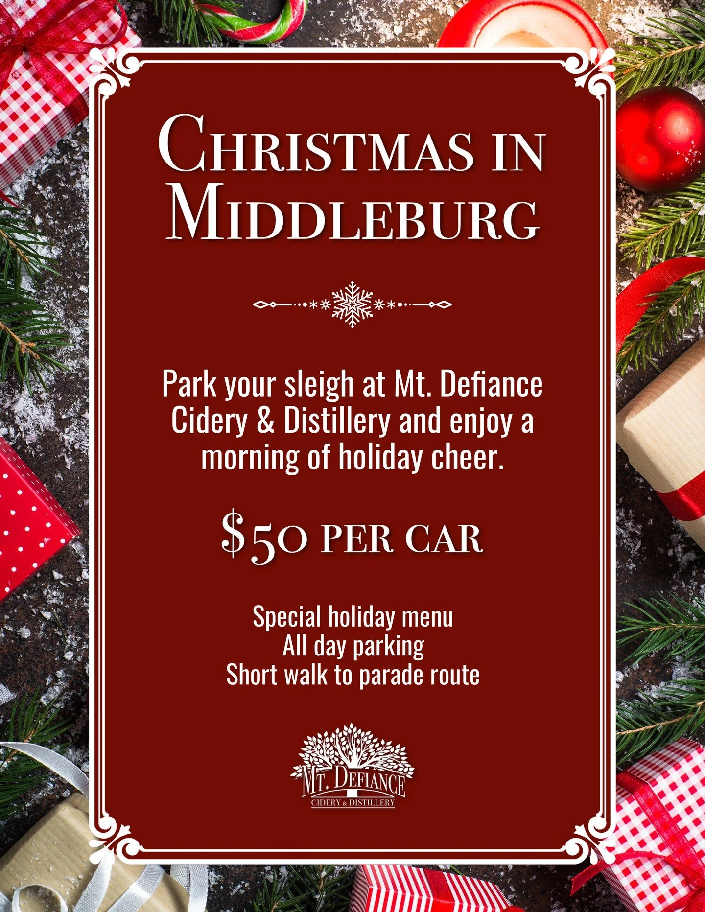 It&rsquo;s the most wonderful time of year again - Christmas in Middleburg! 🎄 We&rsquo;re opening up early for parking and a morning of holiday cheer. Grab a ticket, park your sleigh, enjoy a holiday beverage and a short walk to the parade route. 

