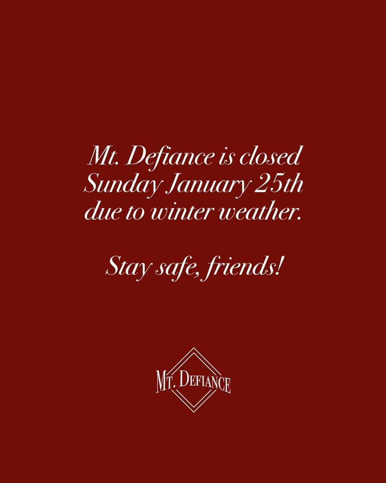 We&rsquo;re closed today, Sunday January 25th, to keep our staff and customers safe and off the roads. 
⠀⠀⠀⠀⠀⠀⠀⠀⠀
Stay safe out there, friends! ❄️
⠀⠀⠀⠀⠀⠀⠀⠀⠀
#snowday