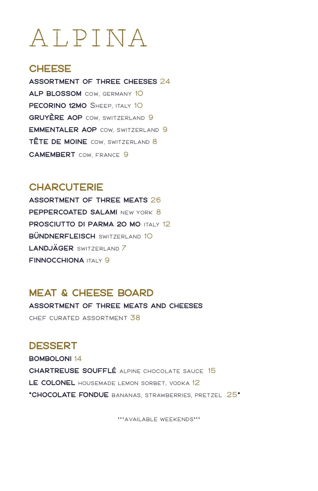 Menu displaying cheese, charcuterie, meat and cheese board, and dessert options at Alpina restaurant.