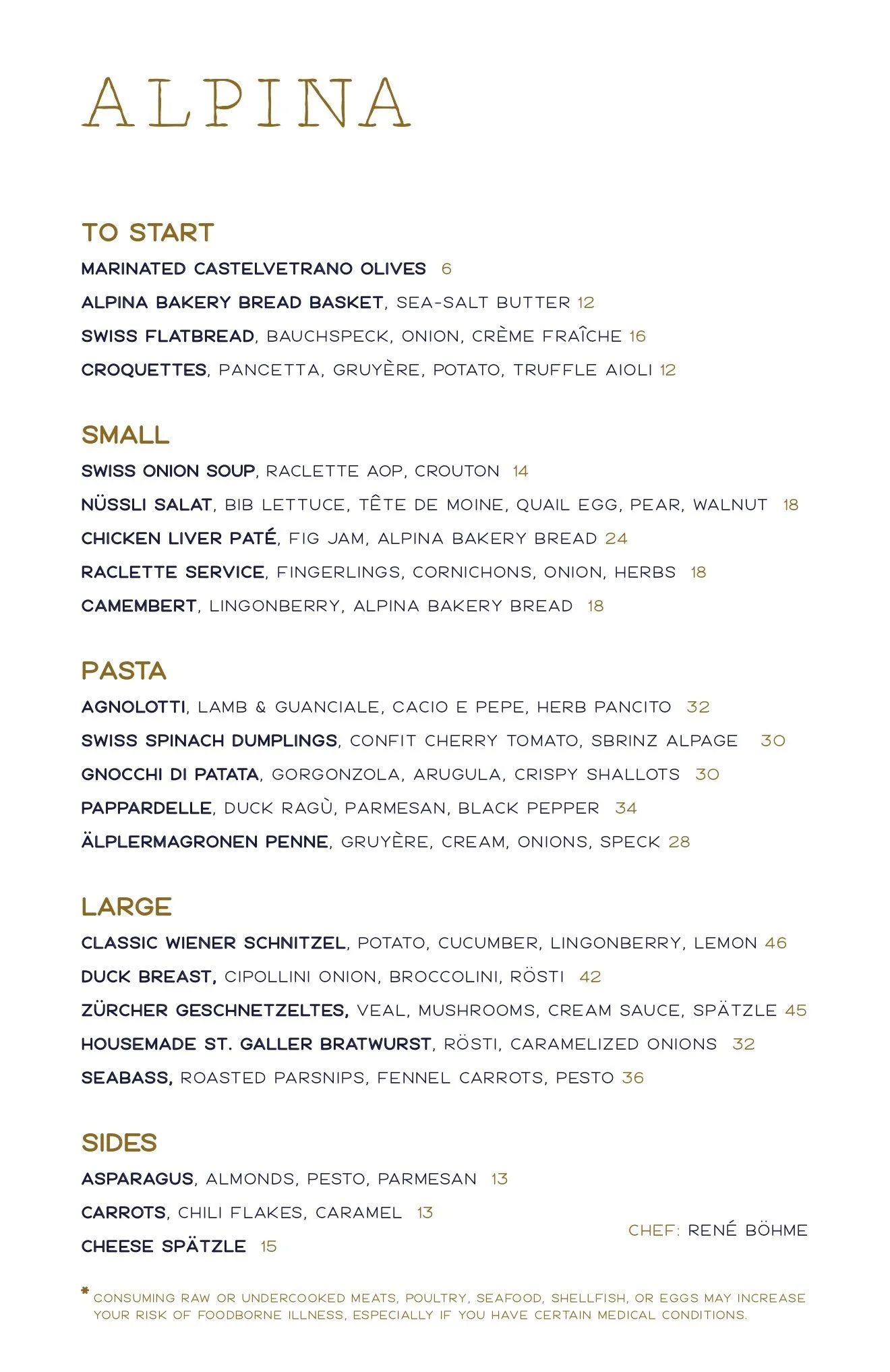 A menu titled 'Alpina' listing various Italian-inspired dishes divided into sections: To Start, Small, Pasta, Large, and Sides, with descriptions and prices.