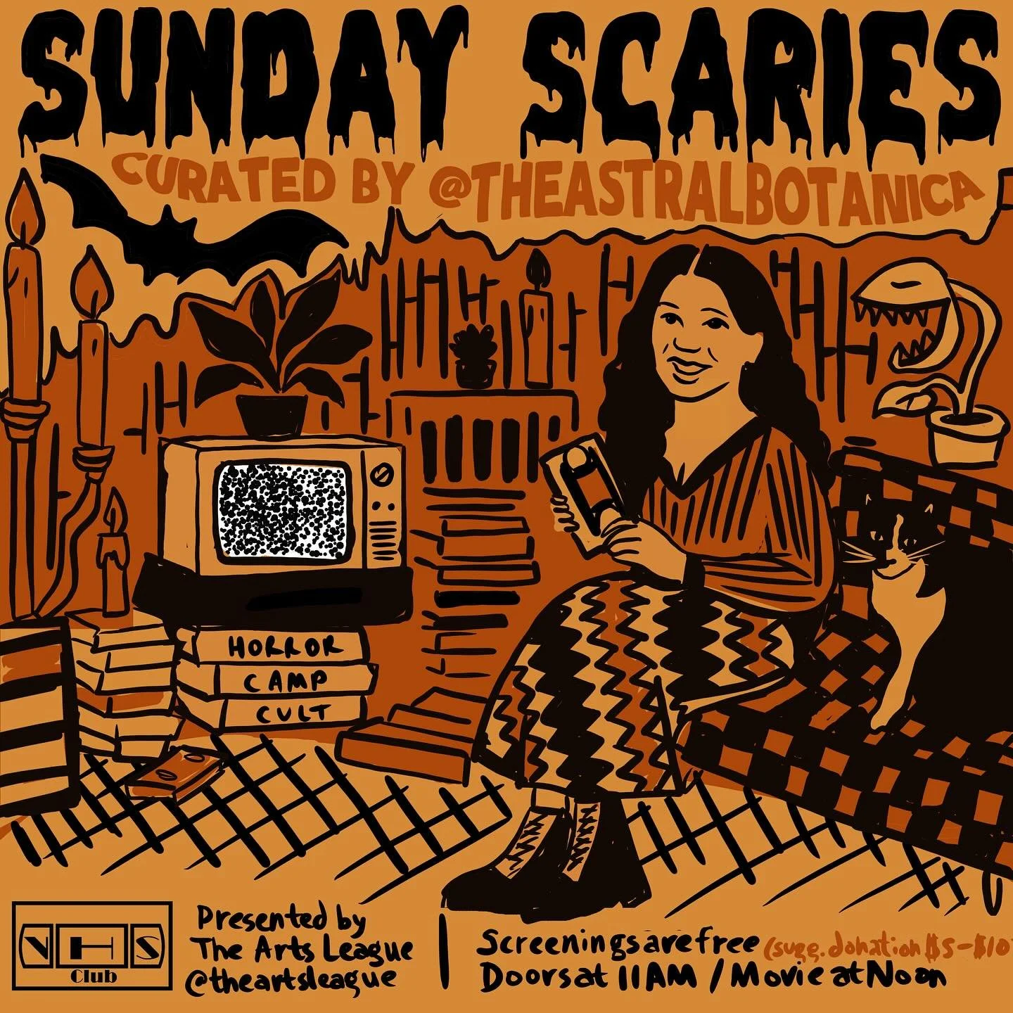 Welcome to Sunday Scaries! The Arts League & VHS Club will be firing up the VCR for monthly Sunday matinees featuring horror, camp & cult classics!
All screenings are FREE! 
Doors at 11:30am/movies screen at 12pm.
SUNDAY 8/10-
Alien (1979)