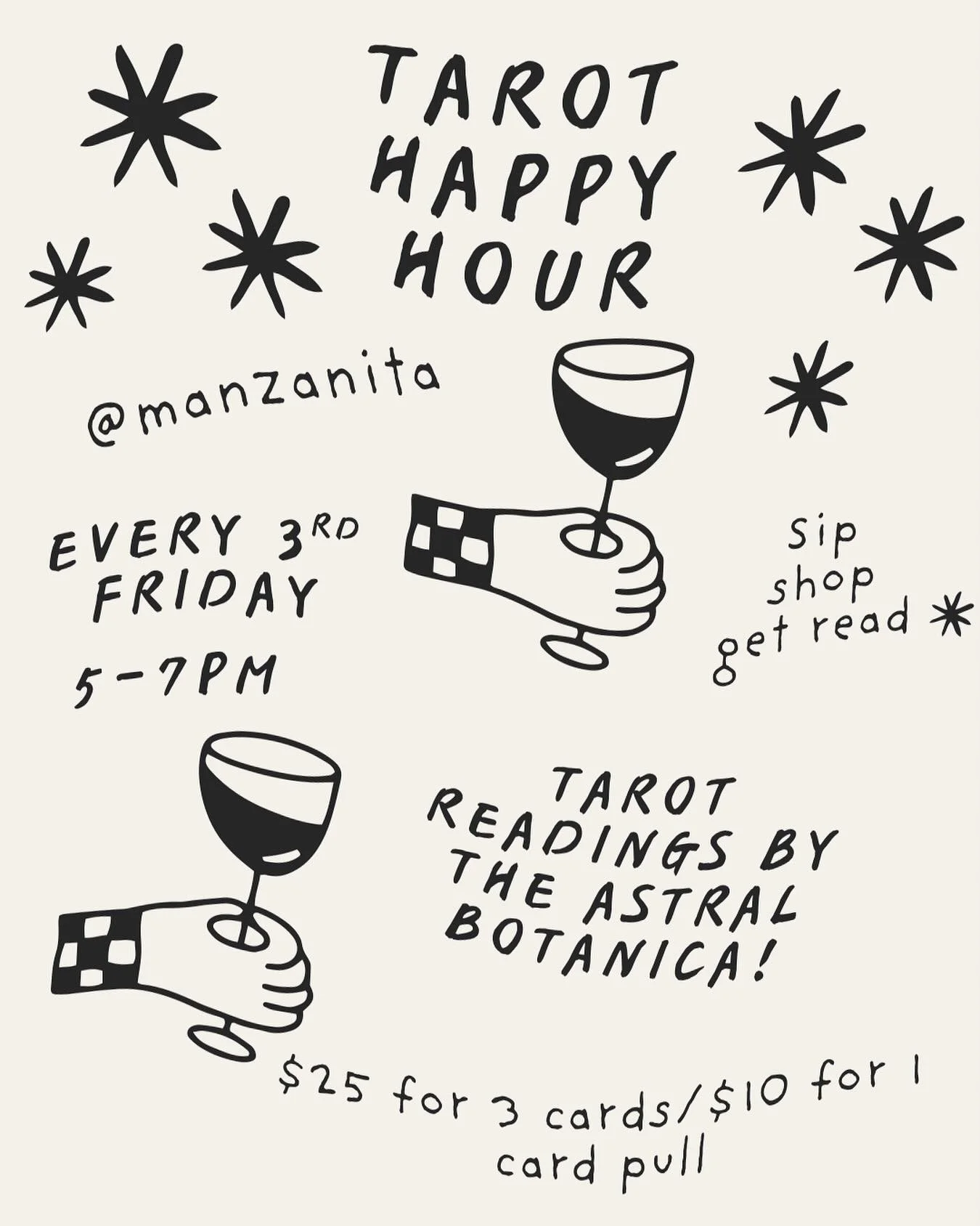 Are you&hellip;feeling the astroweather? Tarot curious? In need of a cosmic check-in? 💫 If the answer is YES⚡️Join us every 3rd Friday of the month @manzanita.philly for Tarot Happy Hour 🥂 Get your monthly vibe check 🌀 with The Astral Botanica whi