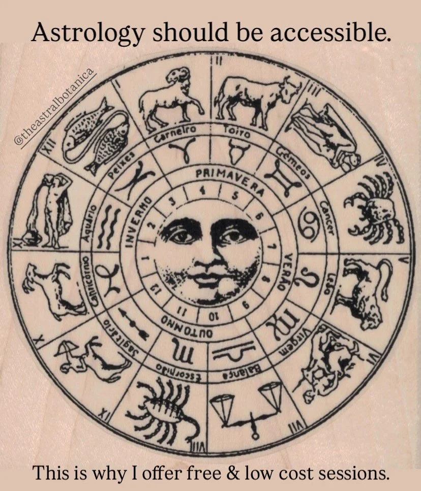In the spirit of mutual aid and reparations, The Astral Botanica offers free and low cost sessions to folks experiencing financial hardship &amp; multiple intersections of oppression. Thanks to very generous tips and donations, I have been able to of