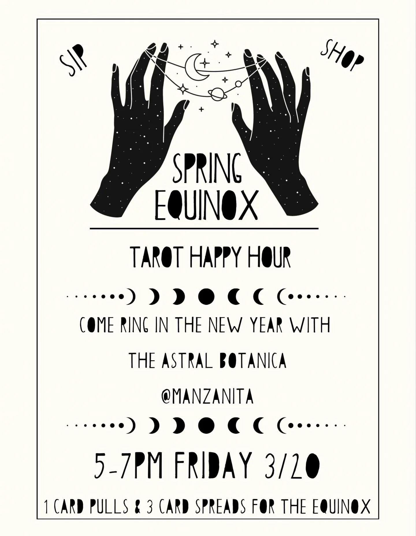 Join us next Friday 3/20 @manzanita.philly for a special Tarot Happy Hour on the Spring Equinox, aka &ldquo;The real New Year&rdquo; 💫 Sip, shop and celebrate the return of the sun 🌞 with special equinox readings 🔮 You can DM @theastralbotanica if