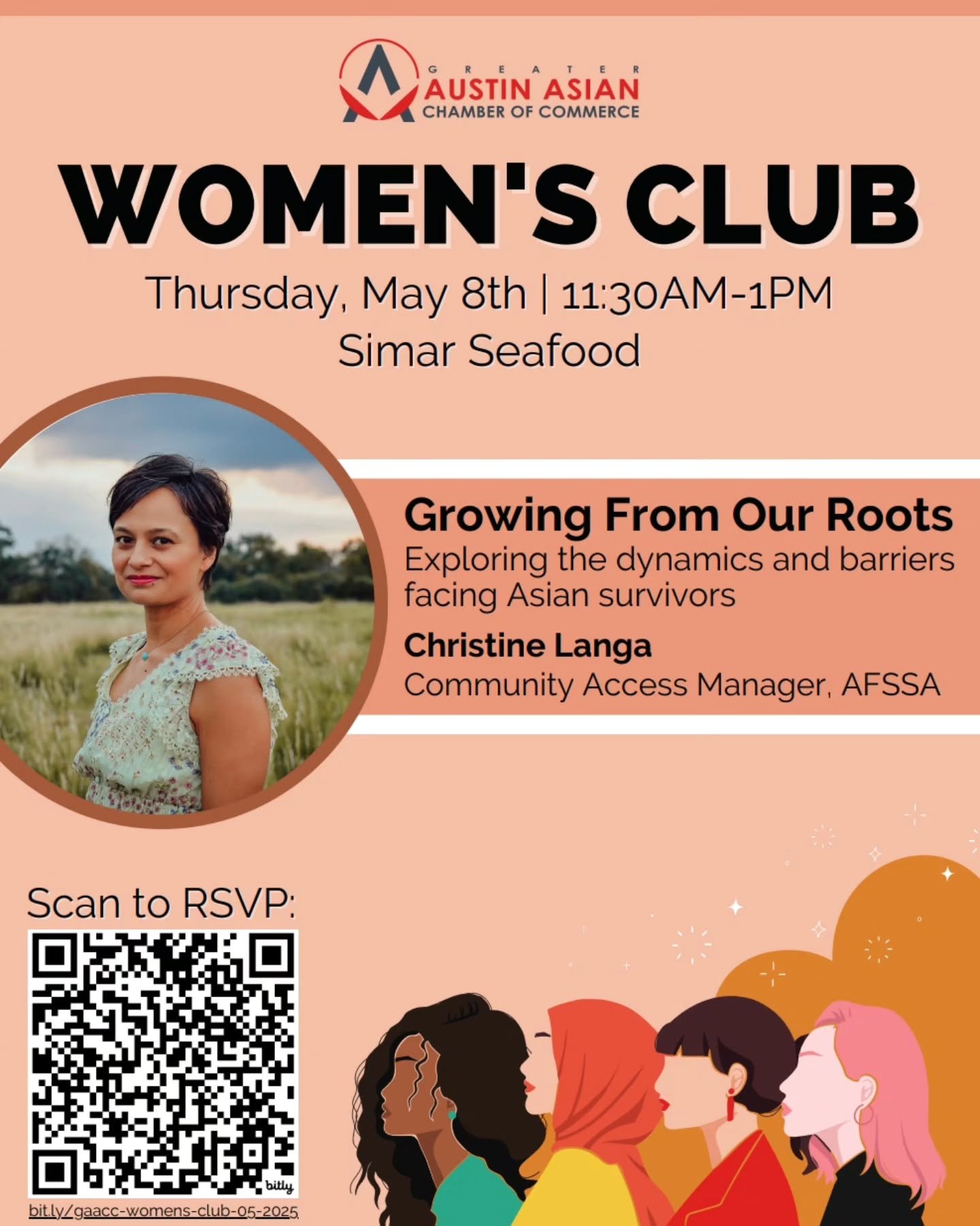 We are really excited to have Christine Langa from the Asian Family Support Services of Austin (AFSSA) present at our next GAACC Women's Club luncheon. Her talk is called "Growing from our Roots" and highlights local demographics, cultural