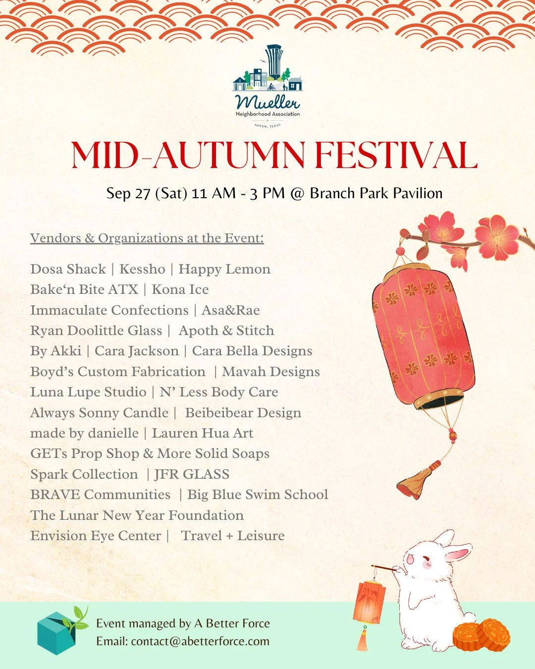 The Mueller Mid-Autumn Festival is finally here! Join us tomorrow (Sept 27, Sat) from 11 AM - 3 PM at the Branch Park Pavilion for an afternoon of fun. We have special story time from @thesparkcollection at 11.30 AM, remarks from our very own Council