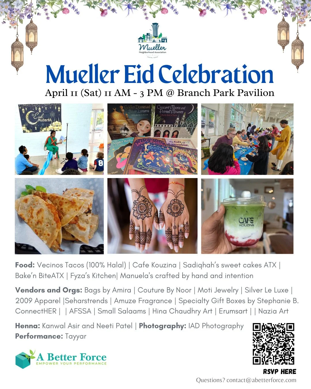 Only 2 weeks left for our 5th Annual Mueller Eid Celebration on April 11 (Saturday) from 11 AM - 3 PM at the Branch Park Pavilion. Big thanks to @muellerneighborhood for sponsoring this event 5 years in a row!

Come visit our incredible line up of lo