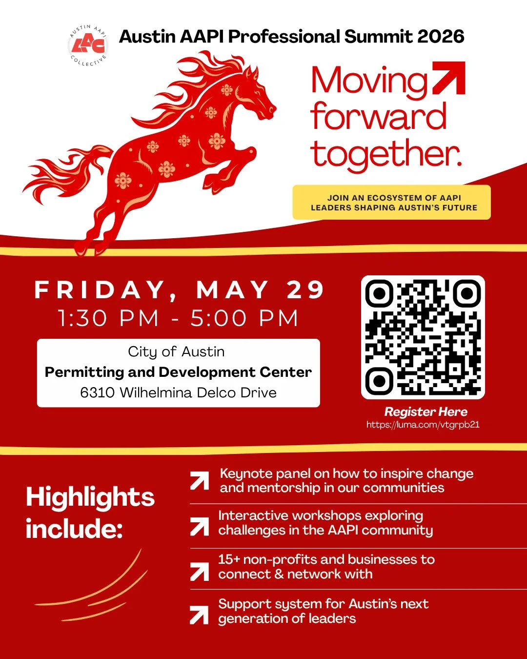 We are excited to present the 4th annual Austin AAPI Professional Summit (AAPS), taking place on May 29 (Friday) from 1:30 PM &ndash; 5 PM US Central at the City of Austin Permitting &amp; Development Center.

This year's theme, &lsquo;Moving Forward