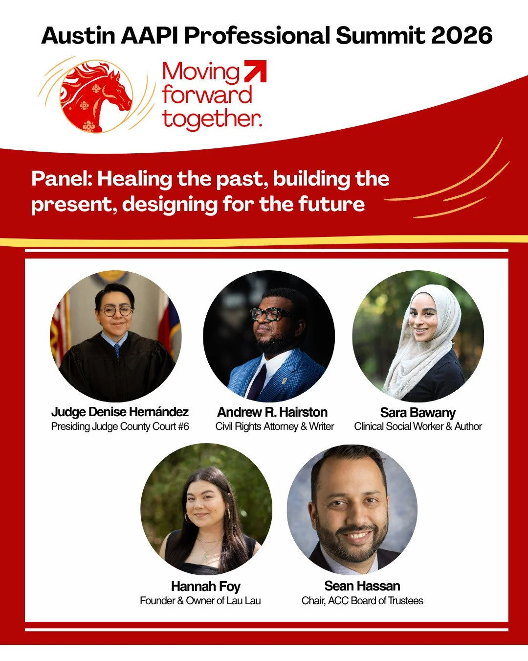 We are so excited to share our wonderful panelists for the 4th annual Austin AAPI Professional Summit (AAPS) &ndash; @denisecreateschange @hairstonforpeace @sara.bawany @laulauatx @seanhassan2 

Our panel&rsquo;s theme "Healing the past, buildin