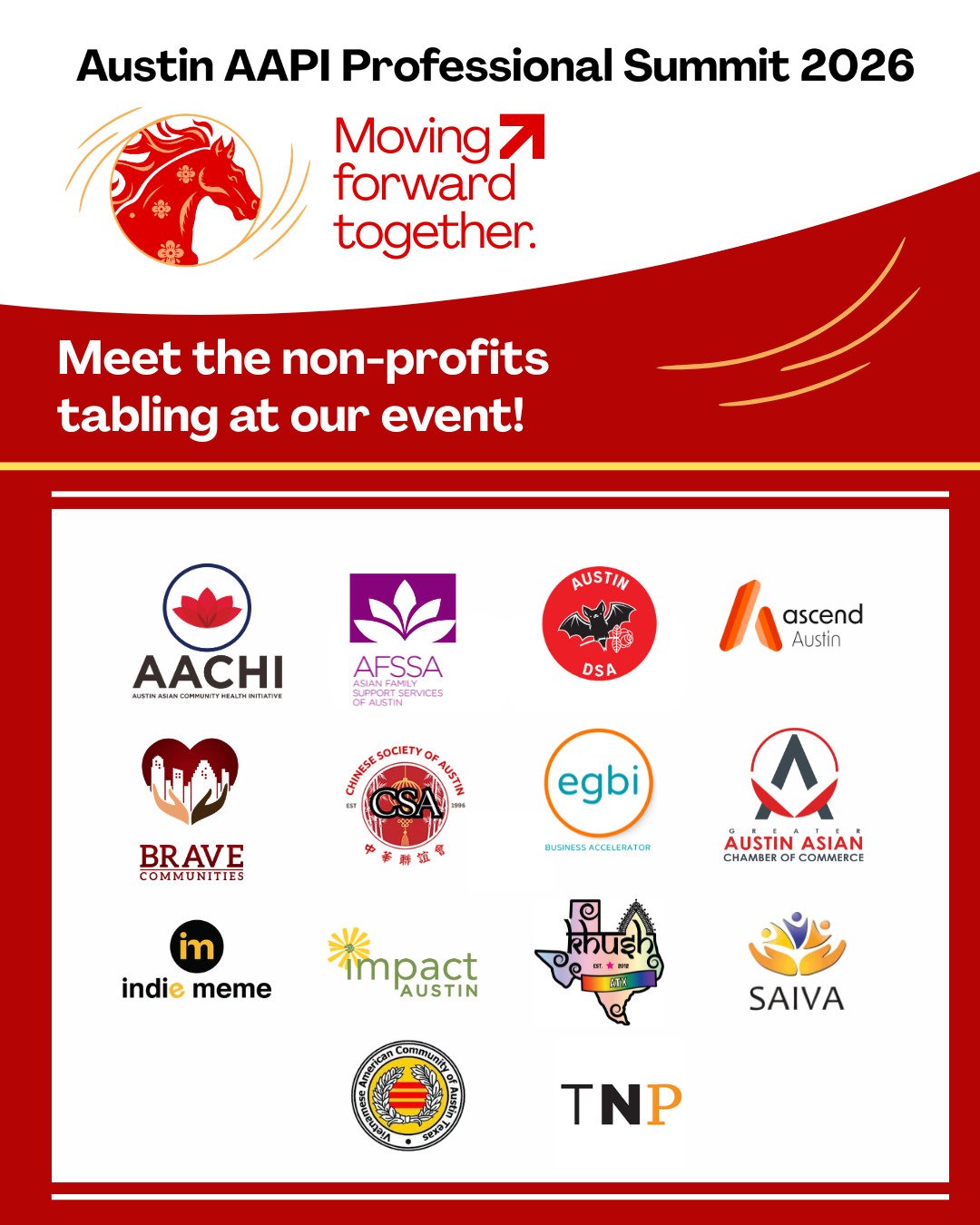 Only 1 more week left for the Austin AAPI Professional Summit 2026. Come join us on May 29 (Friday), from 1:30 - 5 PM at the City of Austin Permitting and Development Center and meet these incredible non-profits who will be tabling at the event!

@aa