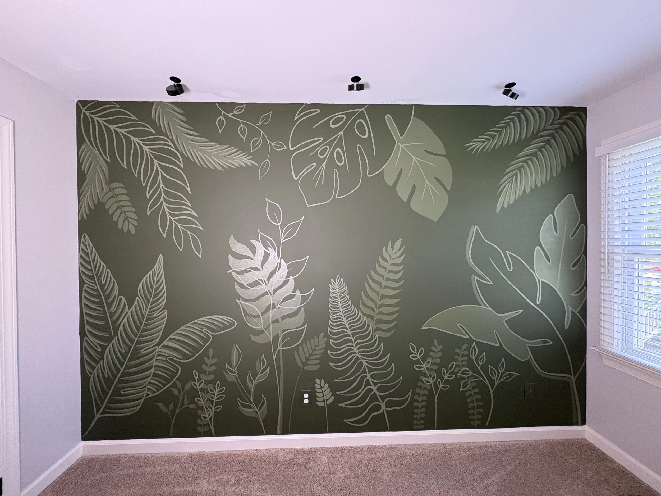 green tropical leaves, botanical themed mural