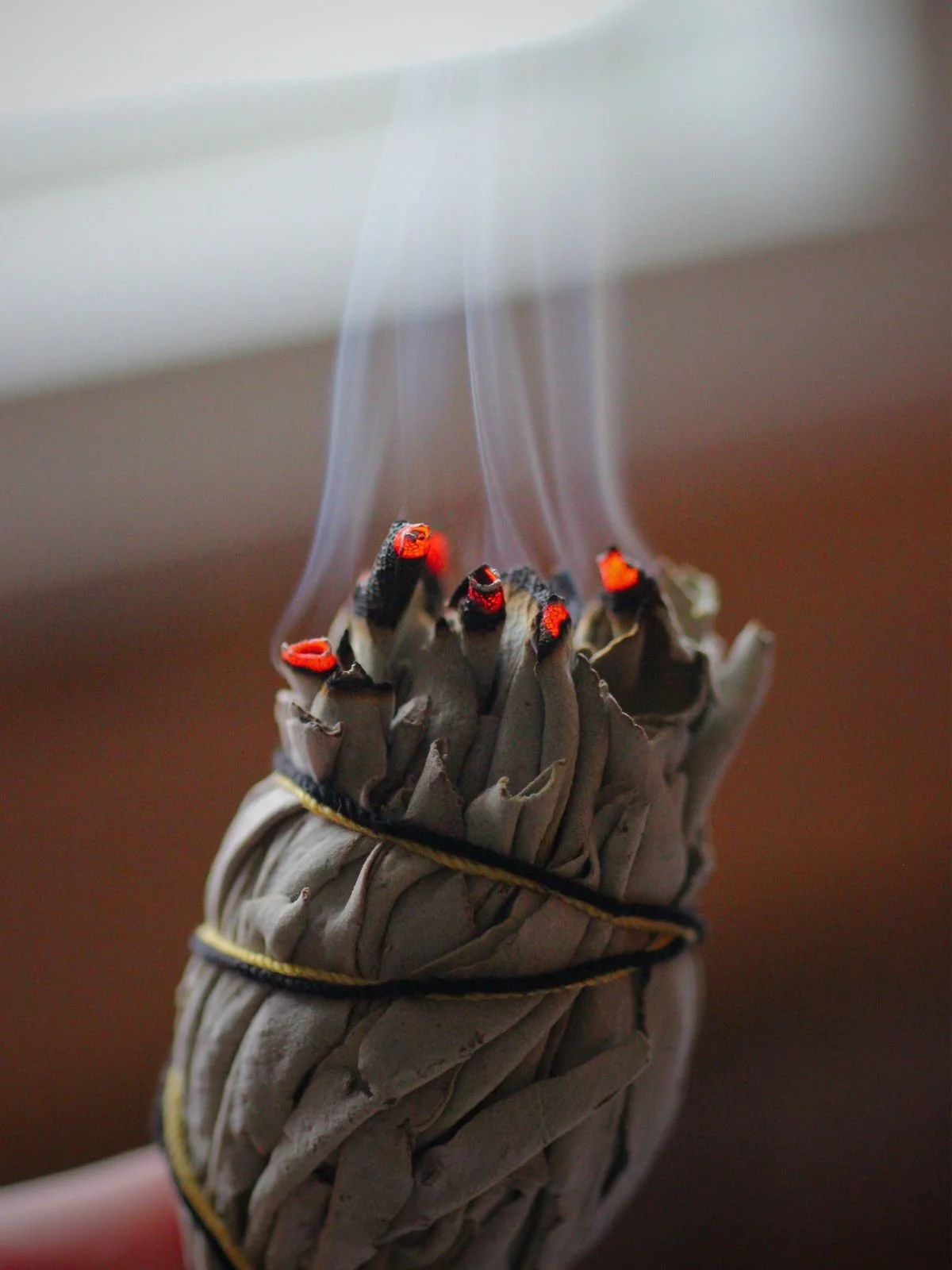 Tied bunch of sage on fire and smoking.