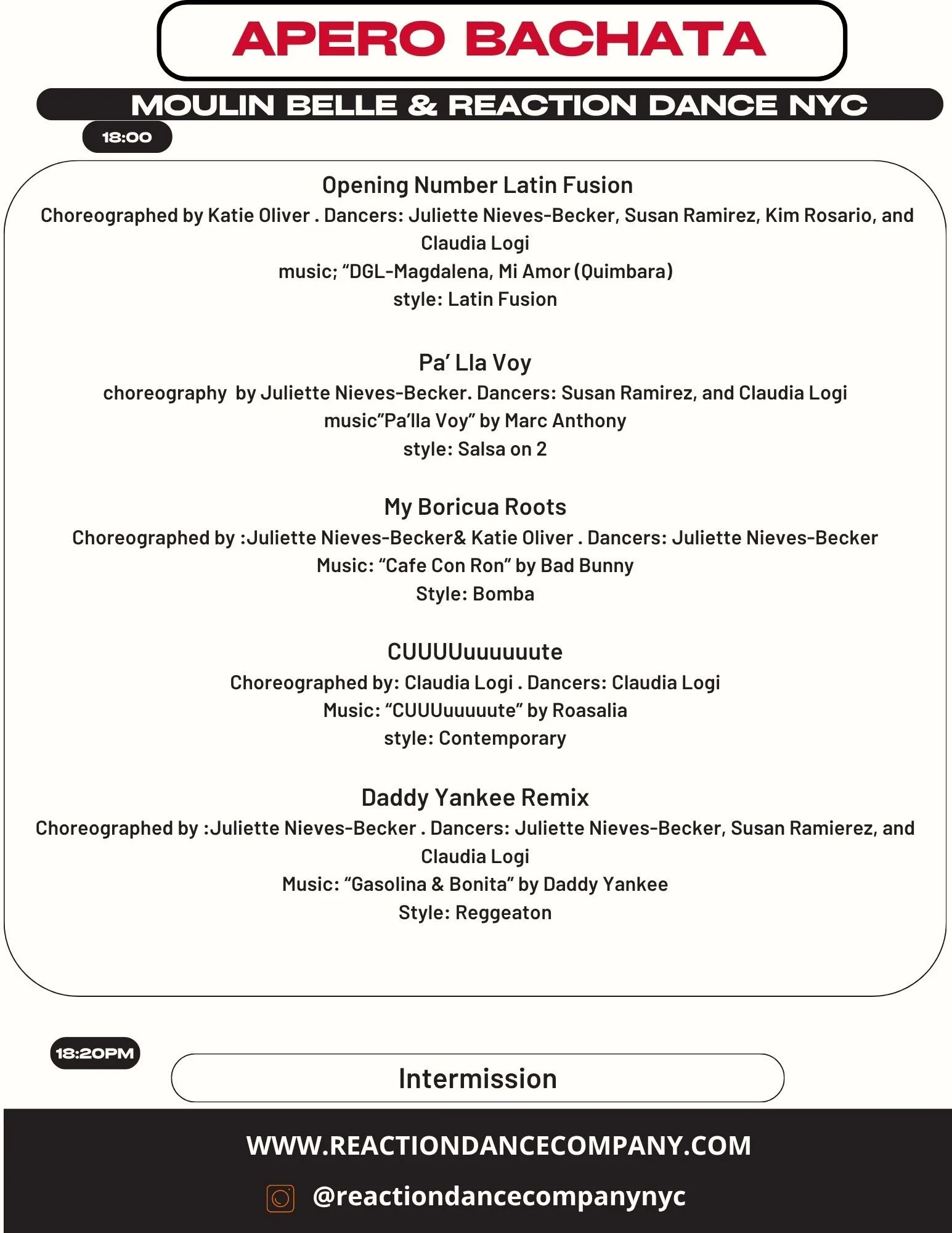 Dance schedule for Apero Bachata at Moulin Belle & Reaction Dance NYC, including choreography, dancers, music, and style for multiple performances, ending with an intermission and website information.