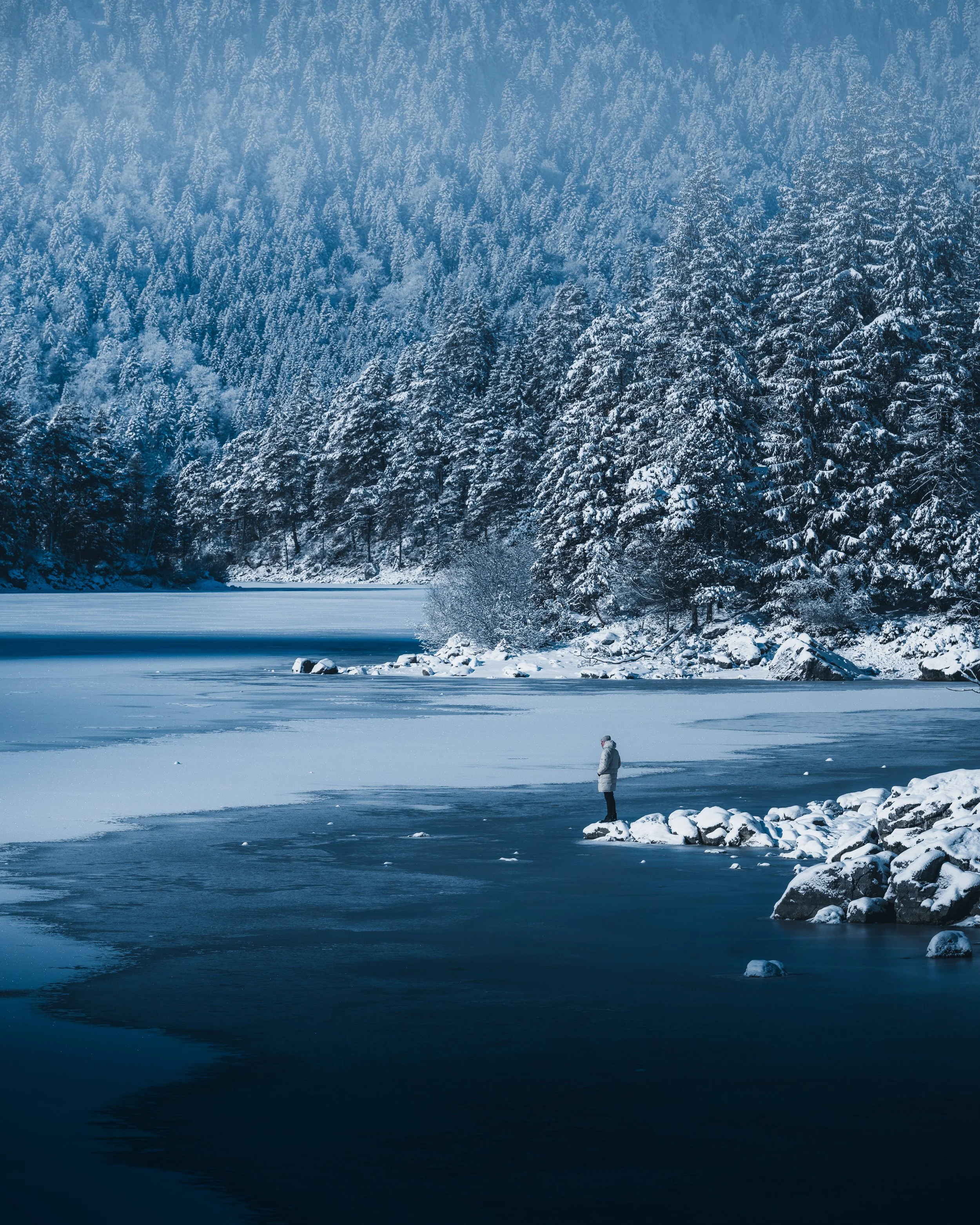 A person dressed in winter clothing standing on the edge of a frozen lake surrounded by snow-covered trees in a winter landscape.