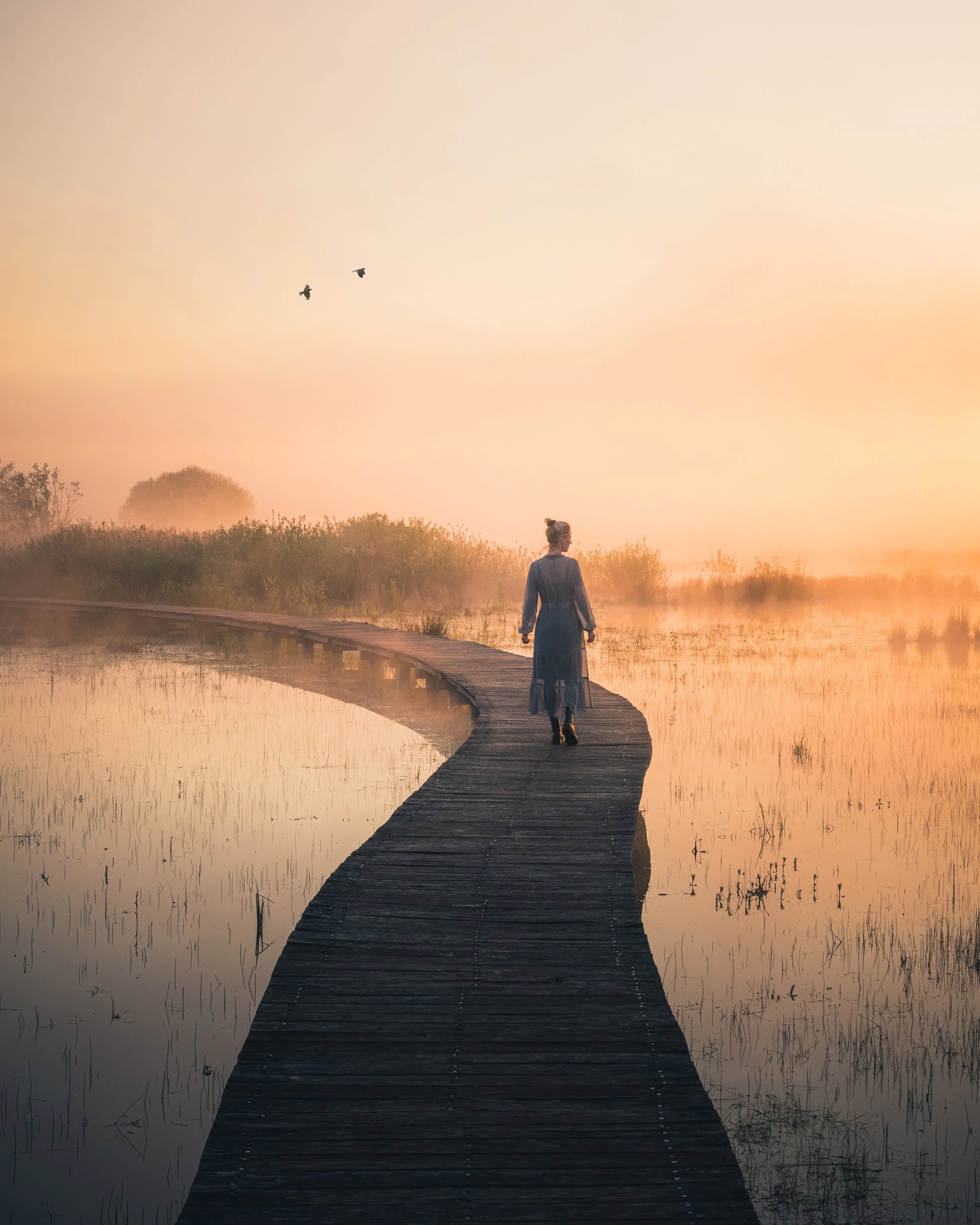 A woman walking on a curved wooden dock over a calm body of water during sunset or sunrise, with a hazy sky and two birds flying in the distance.