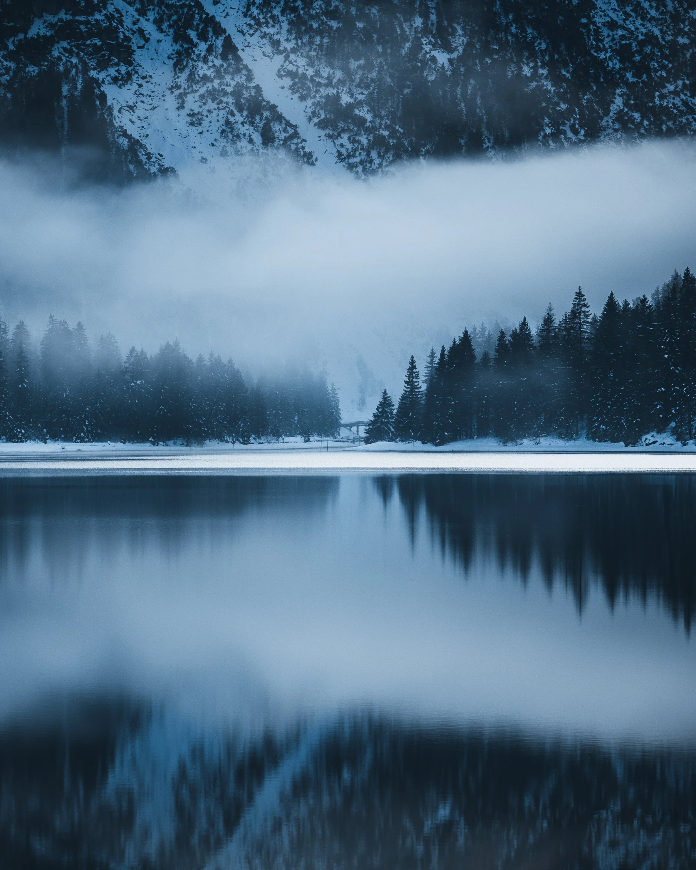 A foggy, snow-covered forest with a partially frozen lake in the foreground.