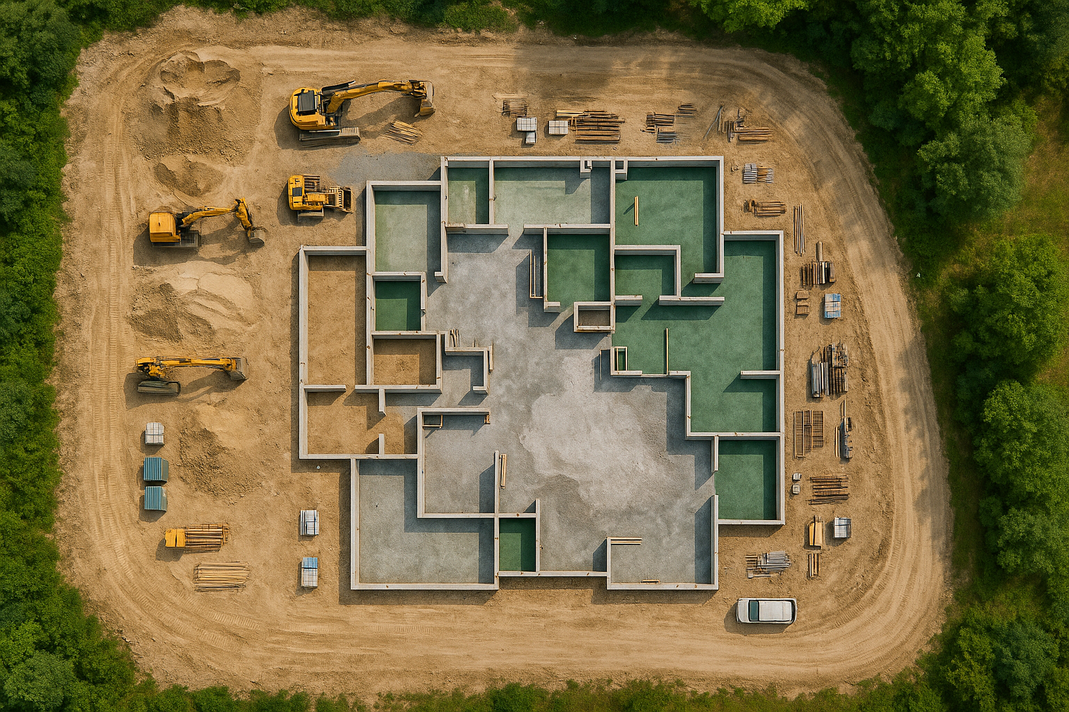 An aerial view of a building under construction with concrete walls and foundation, surrounded by construction equipment, materials, and dirt roads, with green trees bordering the site.