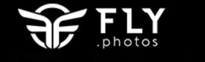Fly.photos logo with winged emblem and company name in white on a black background.