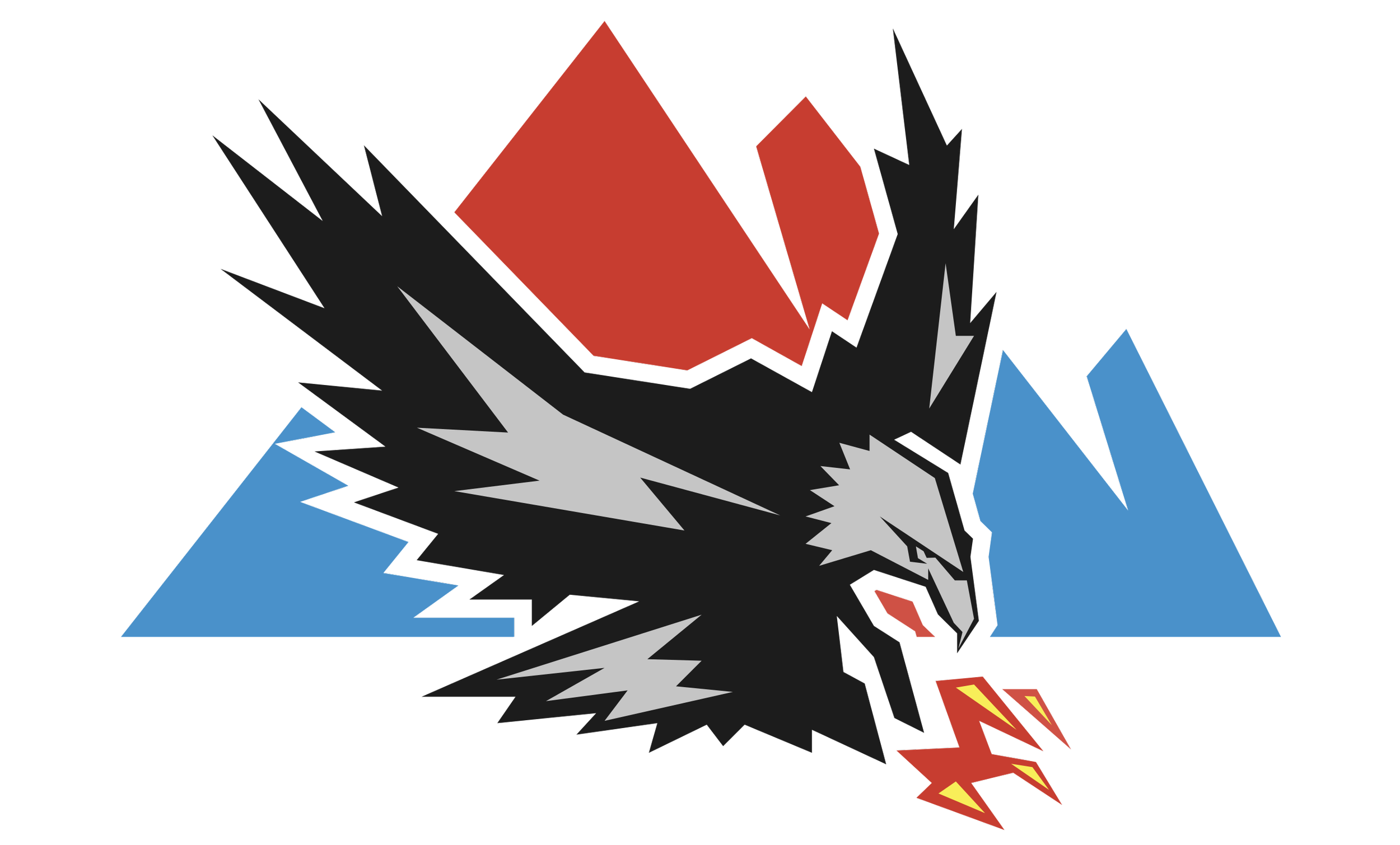 A stylized drawing of a wolf with sharp angles, black, gray, red, and white fur, blue mountain-like shapes in the background, and yellow shapes near the mouth.