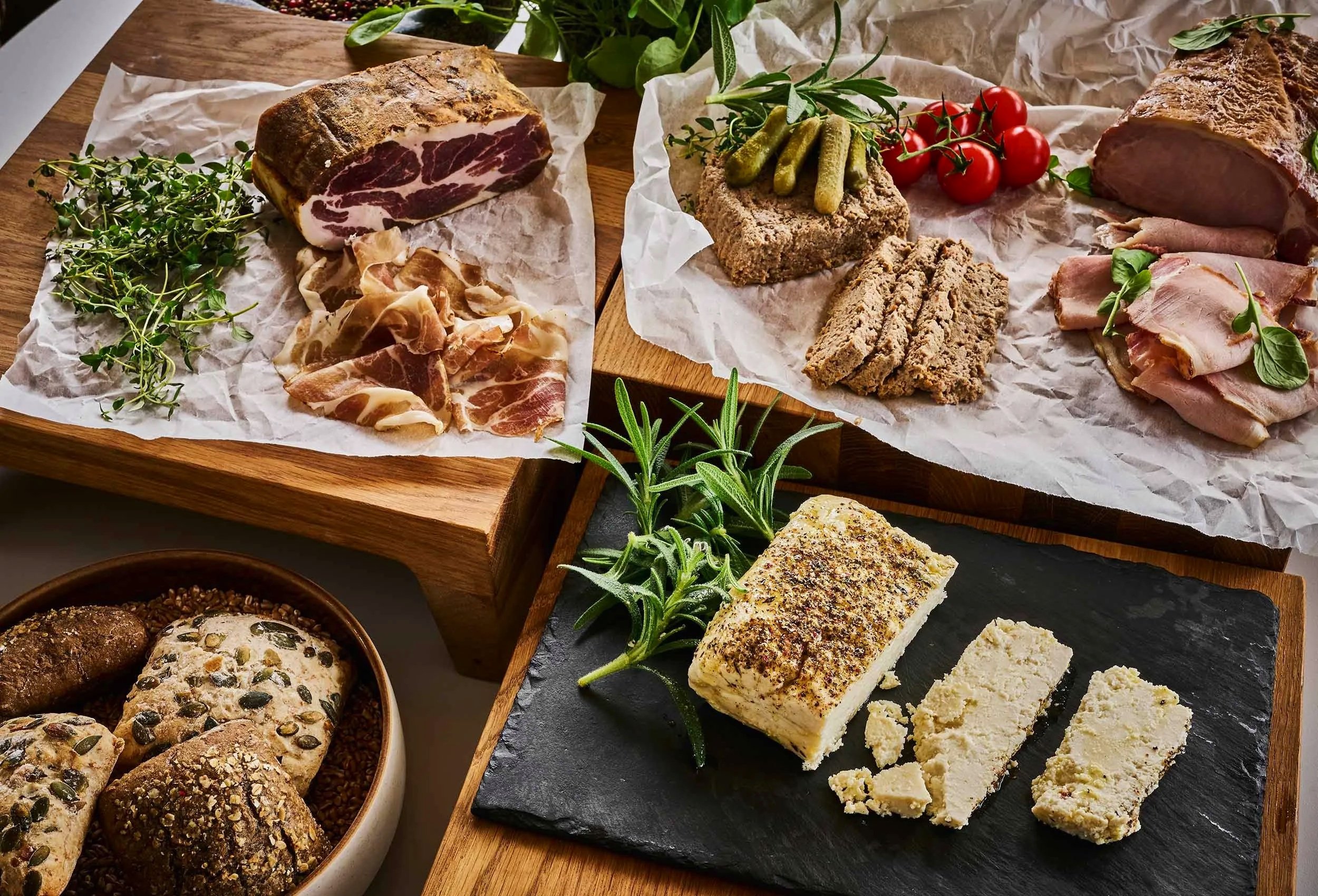close-up from the breakfast buffet, toppings with homemade liver pate, ham or smoked salmon