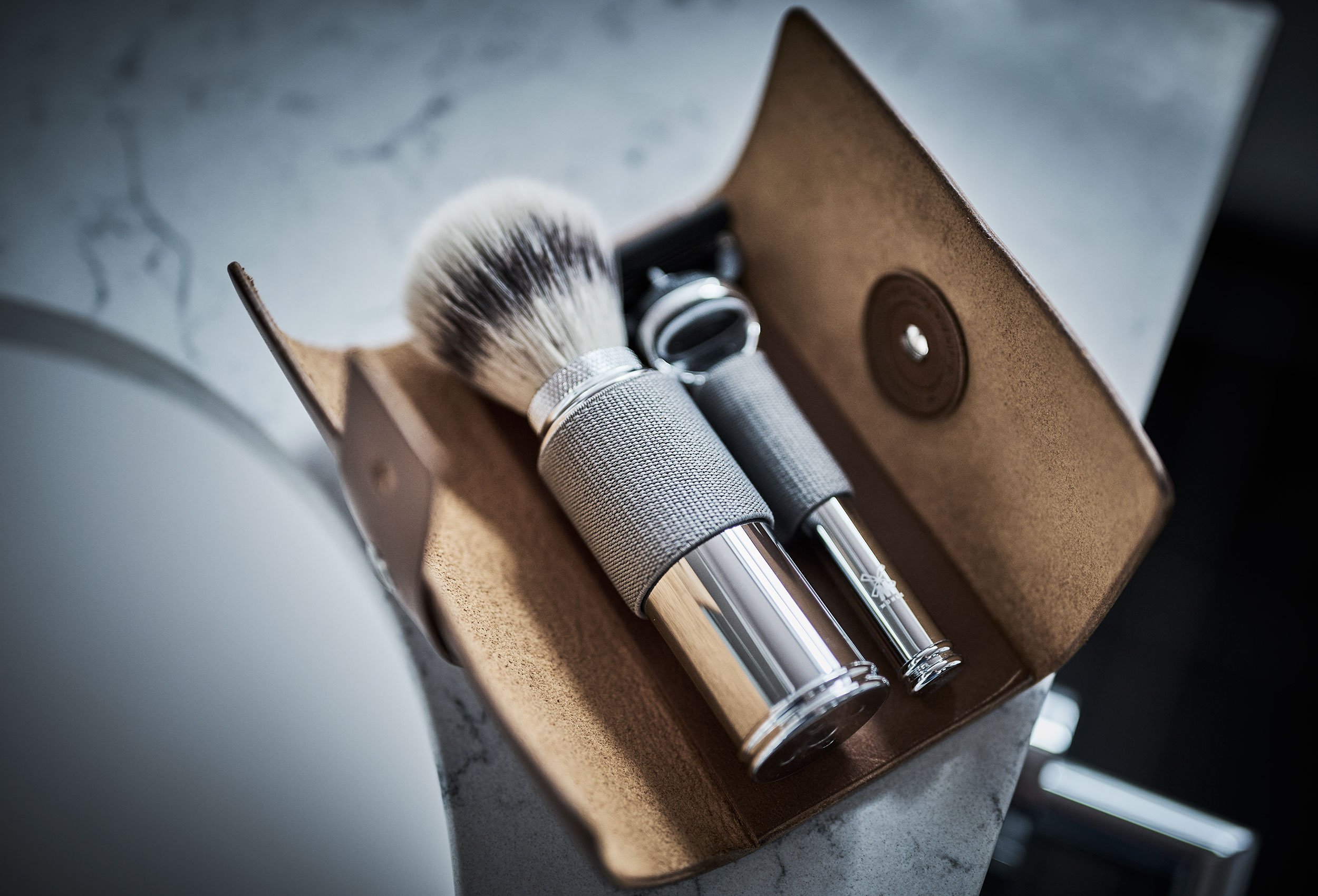 Close-up of shaving equipment in luxury hotel suite