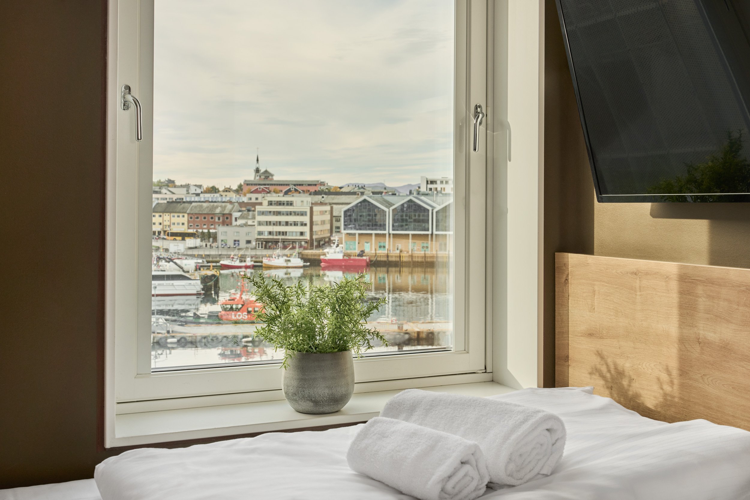 A bedroom with a bed, two rolled white towels, a potted green plant on the windowsill, and a view of boats and buildings across a body of water through a large window.