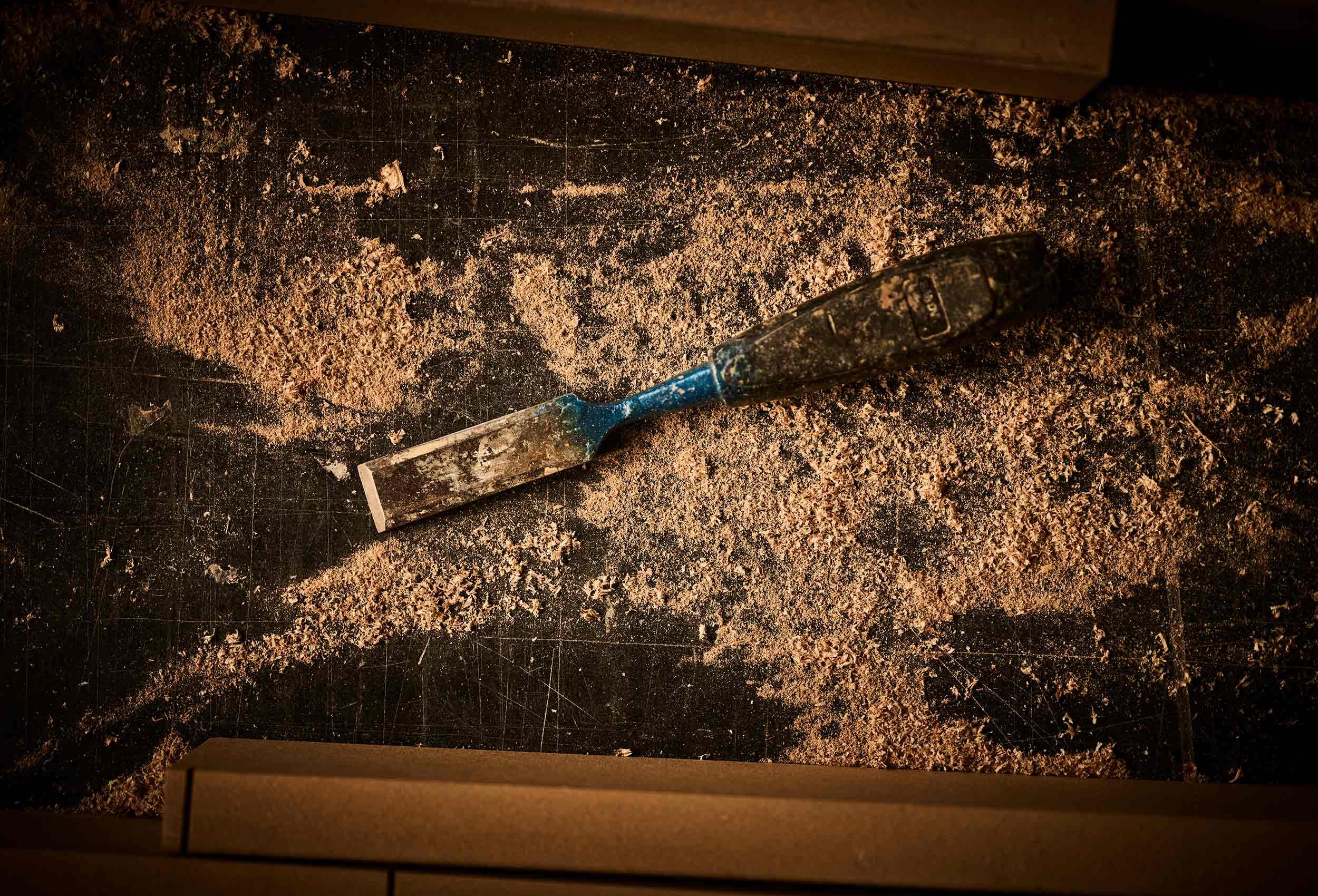 Detail photo of tools and products at furniture wood workshop in Rogaland Norway.
