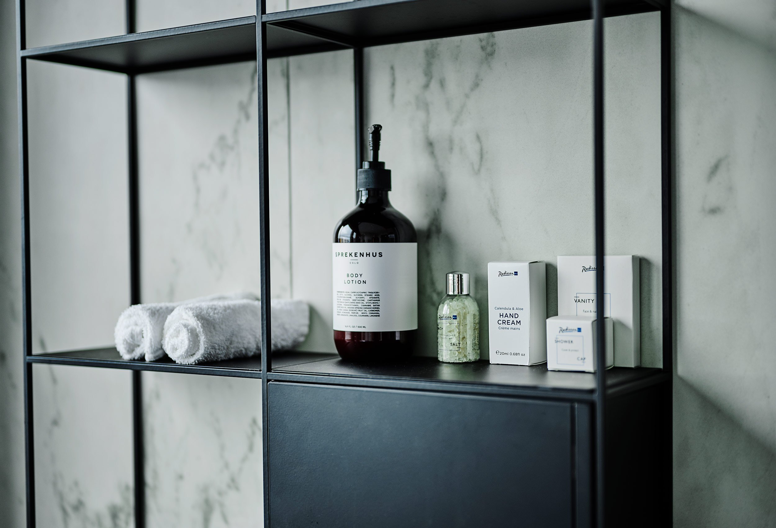 Close-up of bathroom items in a suite at Radisson Blu Caledonien Hotel, Kristiansand