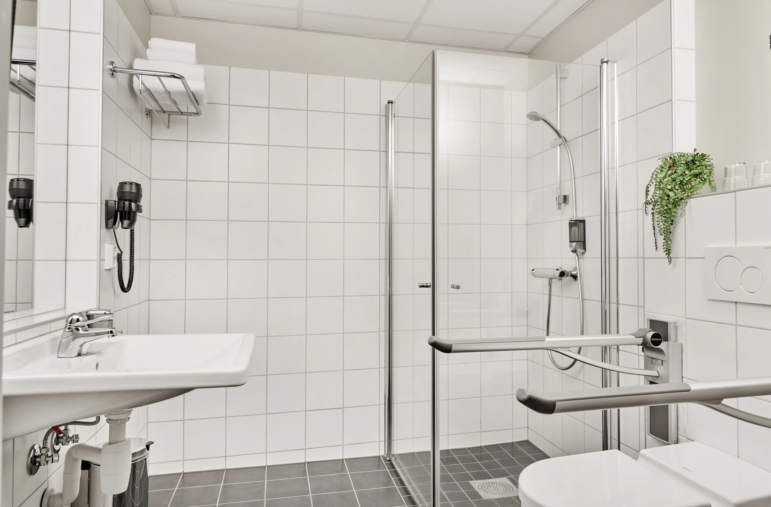 Accessible bathroom with white tiled walls, a grab bar near the toilet, a shower area with a chair and a hand-held showerhead, a wall-mounted sink, and a mirror, with toiletries and a plant on a shelf.