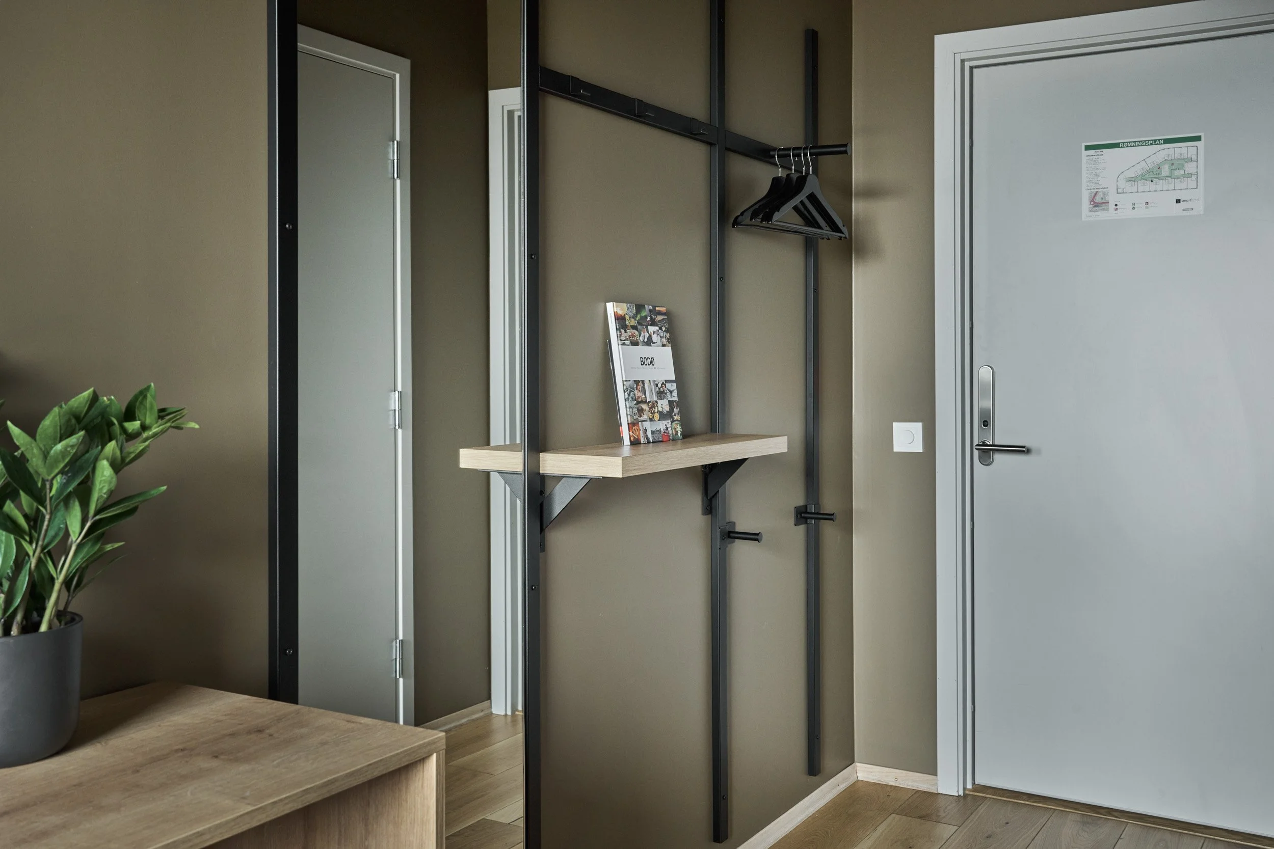 Modern hallway with a black metal wall-mounted clothing rack, a small wooden shelf, a closed white door, and a potted plant on a wooden surface.