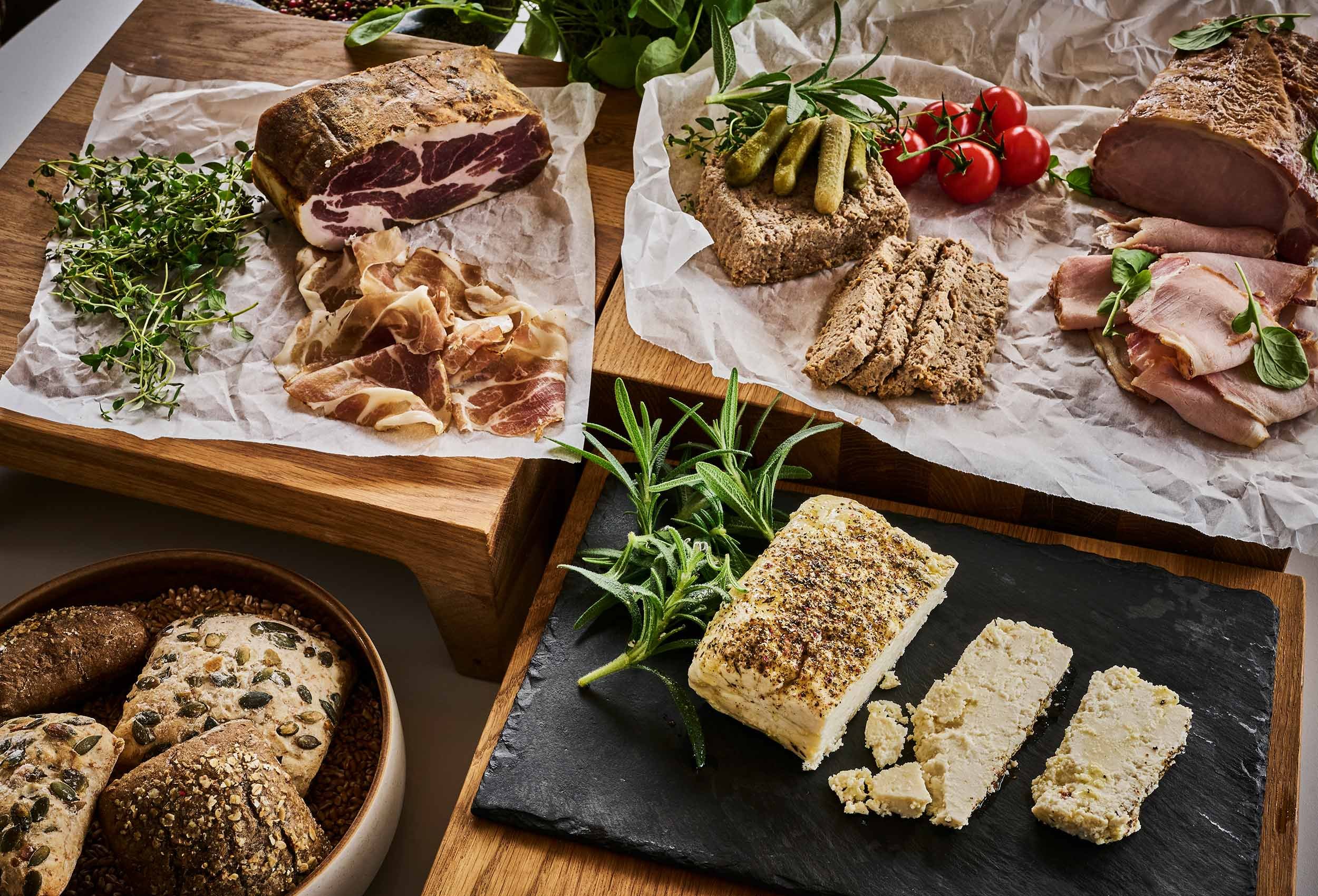 close-up from the breakfast buffet, toppings with homemade liver pate, ham or smoked salmon
