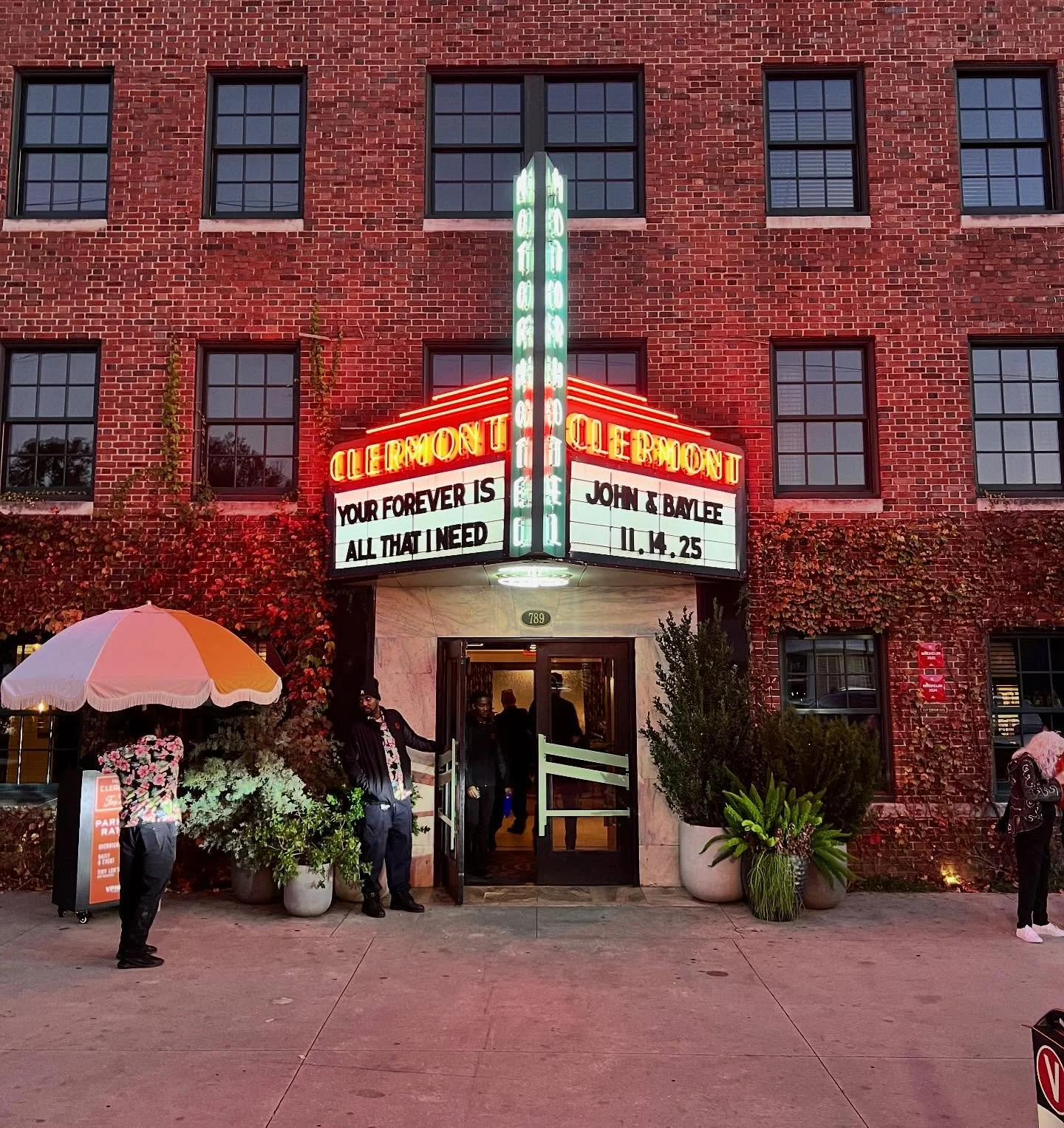 Tonight&rsquo;s marquee message was reserved for two very special people. John and Baylee tied the knot at Hotel Clermont and we couldn&rsquo;t be happier to be part of their story. Love looks good on this building&hellip; and even better on them ❤️✨