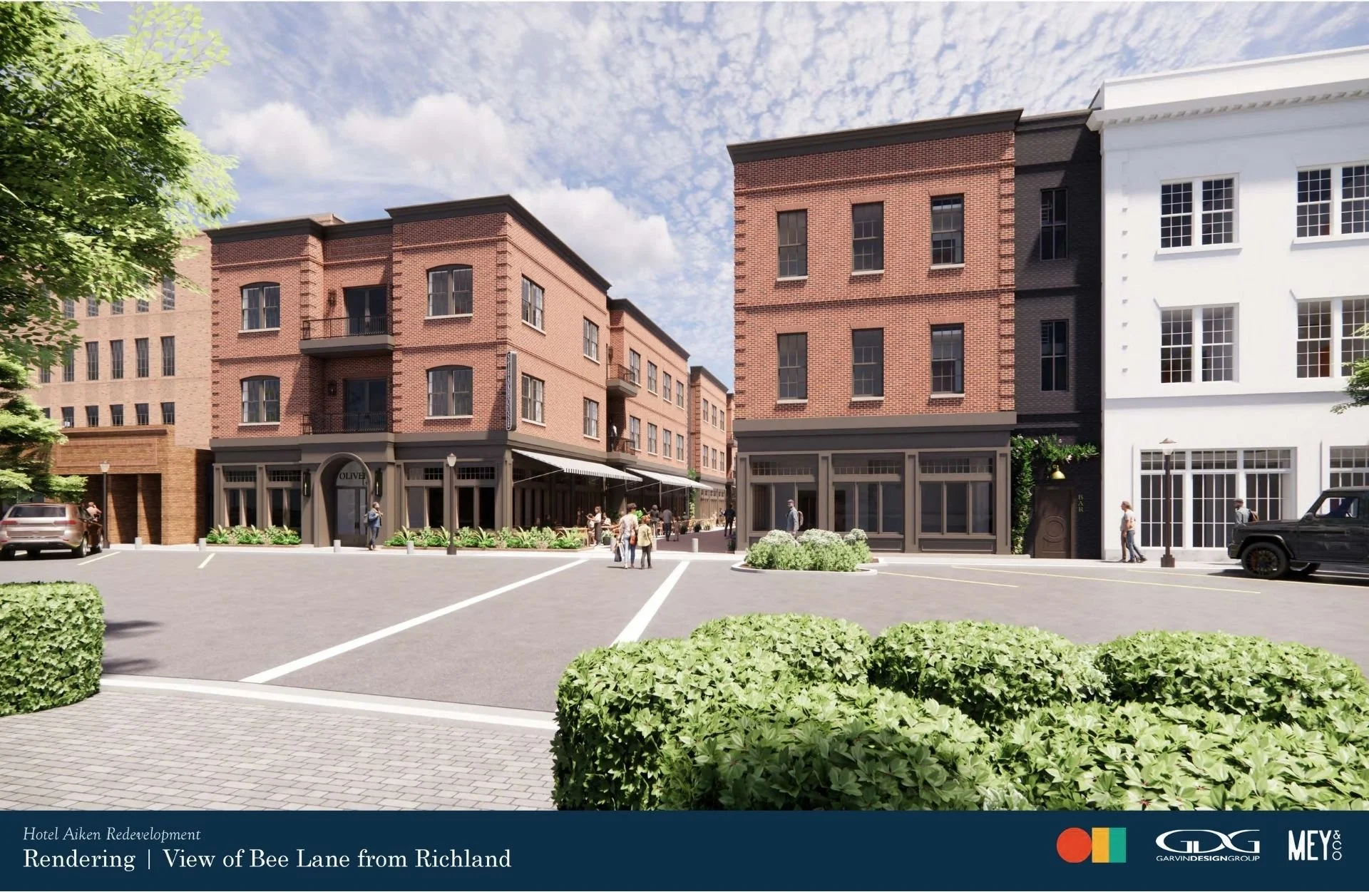 Hotel Aiken Redevelopment | Renderings | View of Bee Lane from Richland